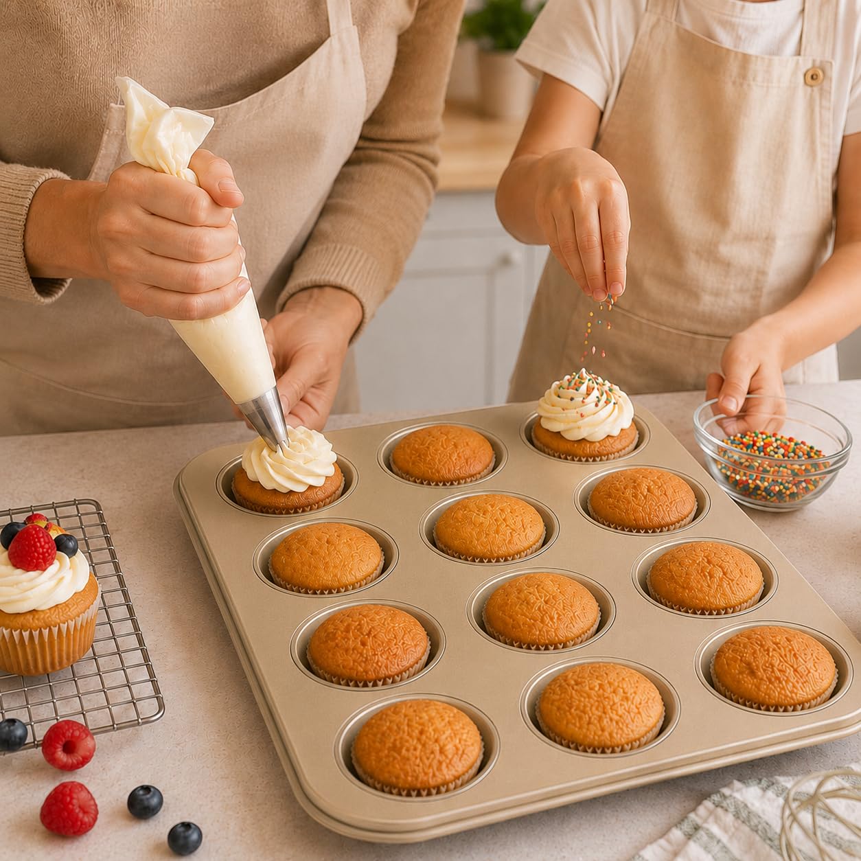 Juego De 2 Moldes Para Muffins De 12 Tazas, Bandeja Para Hornear Magdalenas,Lata Para Muffins De 12 Cavidades Para Horno, Moldes Para Pasteles De Taza Aptos Para Lavavajillas (Oro)