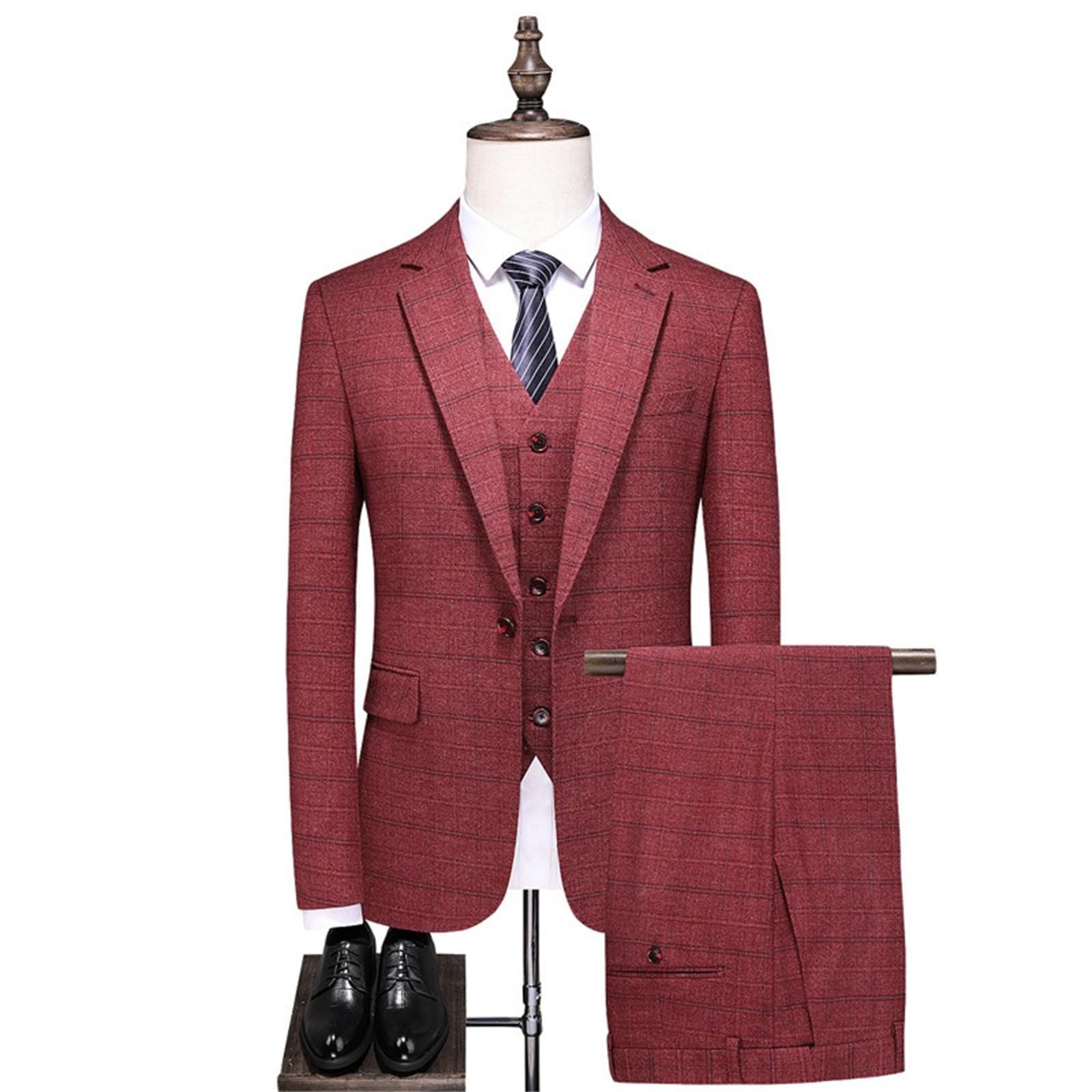 Completo da Uomo in Tweed gessato a 3 Pezzi, vestibilità Slim, con Un Bottone, Rosso, Taglia XL