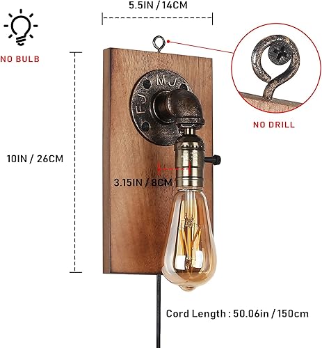 Miniatura 4 de Lámpara de pared de granja con placa de madera, tubo steampunk E26, aplique de pared industrial de metal, sin taladro, accesorio montado con