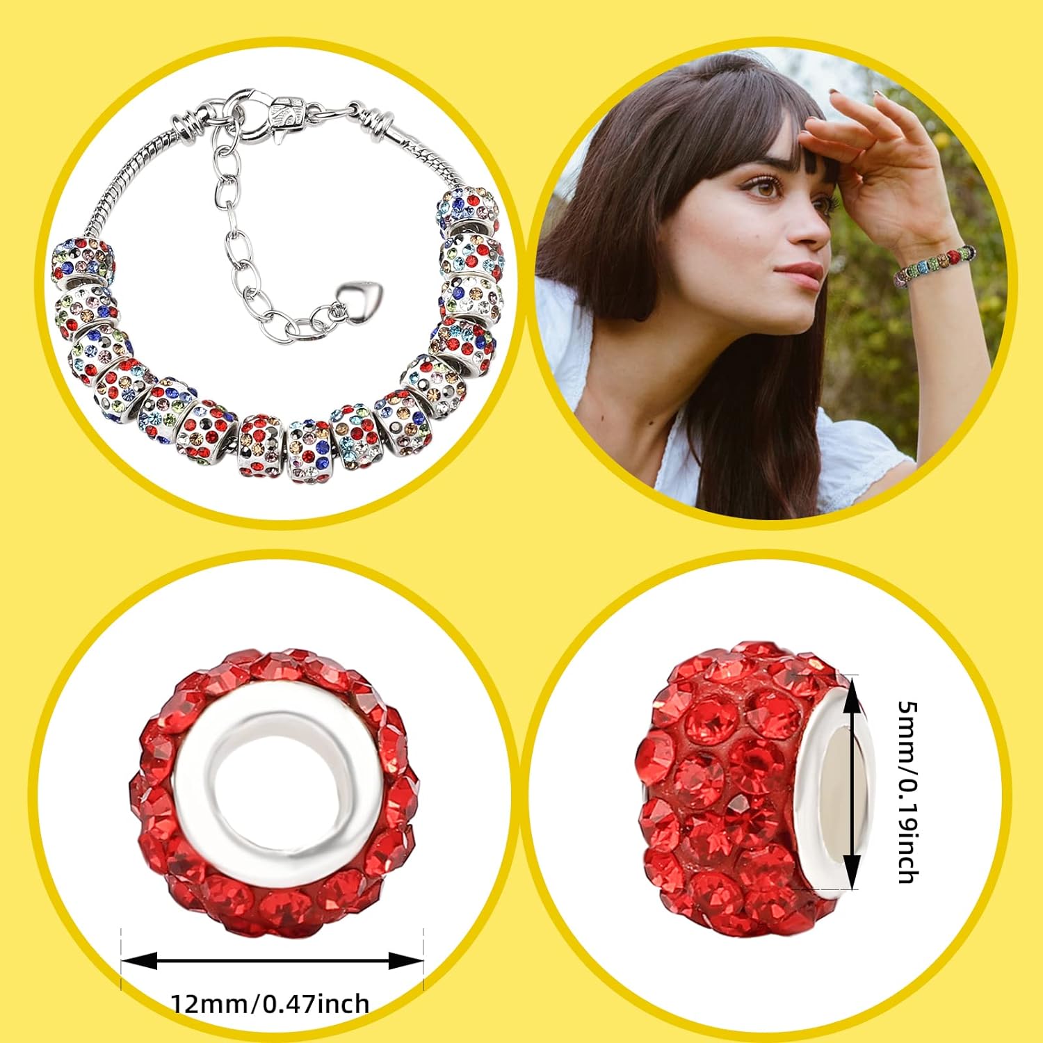 200 PCS European Large Hole Beads Rhinestone Colorful European Beads Crystal Large Hole Craft Beads for DIY Charms Bracelet Jewelry Making Mixcolor