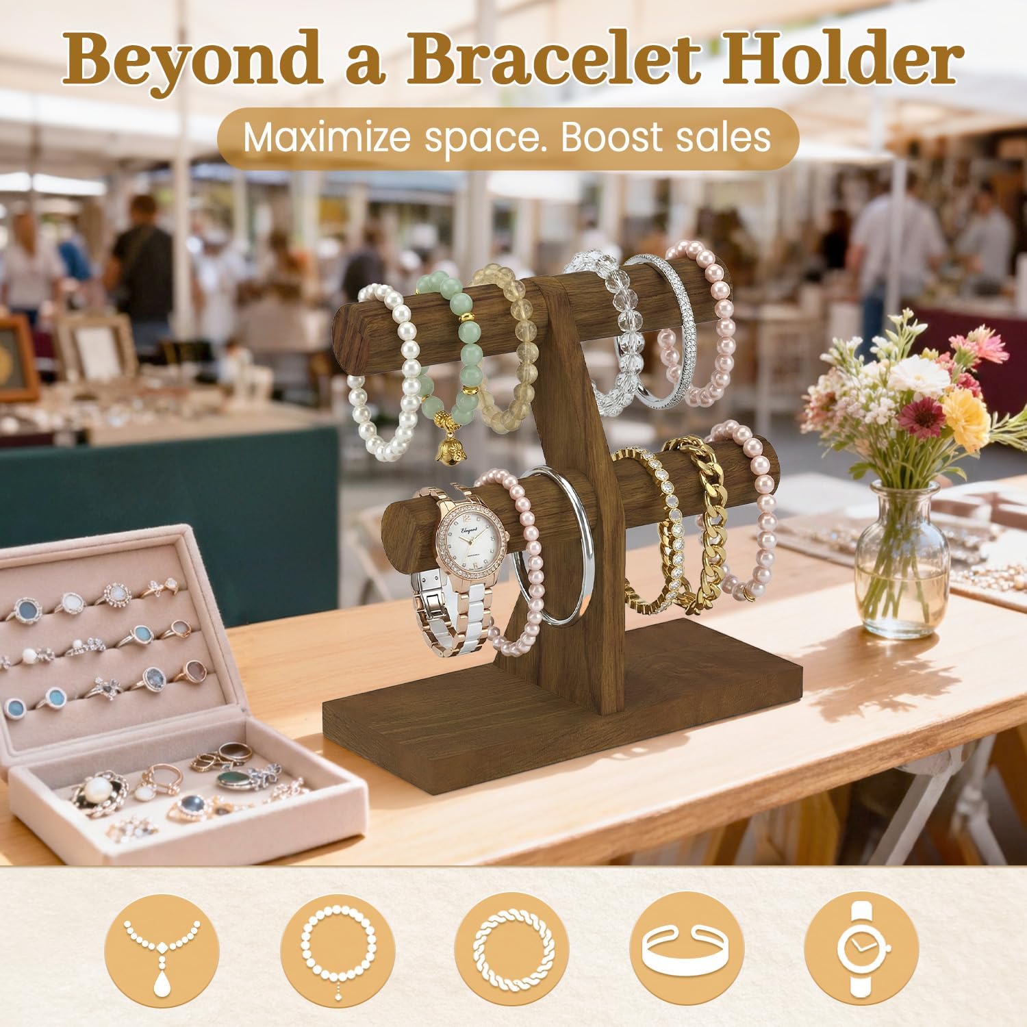 MODOWEY Bracelet Holder Organizer Display Stand, 2 Tier Wooden T Bar Bangle Rack for Dresser, Small Jewelry Hanger with Rod for Vendor Selling, Desktop Vertical Jewellery Tree for Home Business, Brown