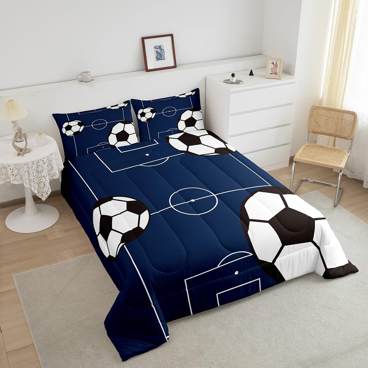 jejeloiu Football Comforter Set Twin Size Kids Soccer Ball Pattern Comforter for Boys Girls Teens Sports Theme Bedding Set Breathable Football Court Duvet Set Room Decor Quilt Set