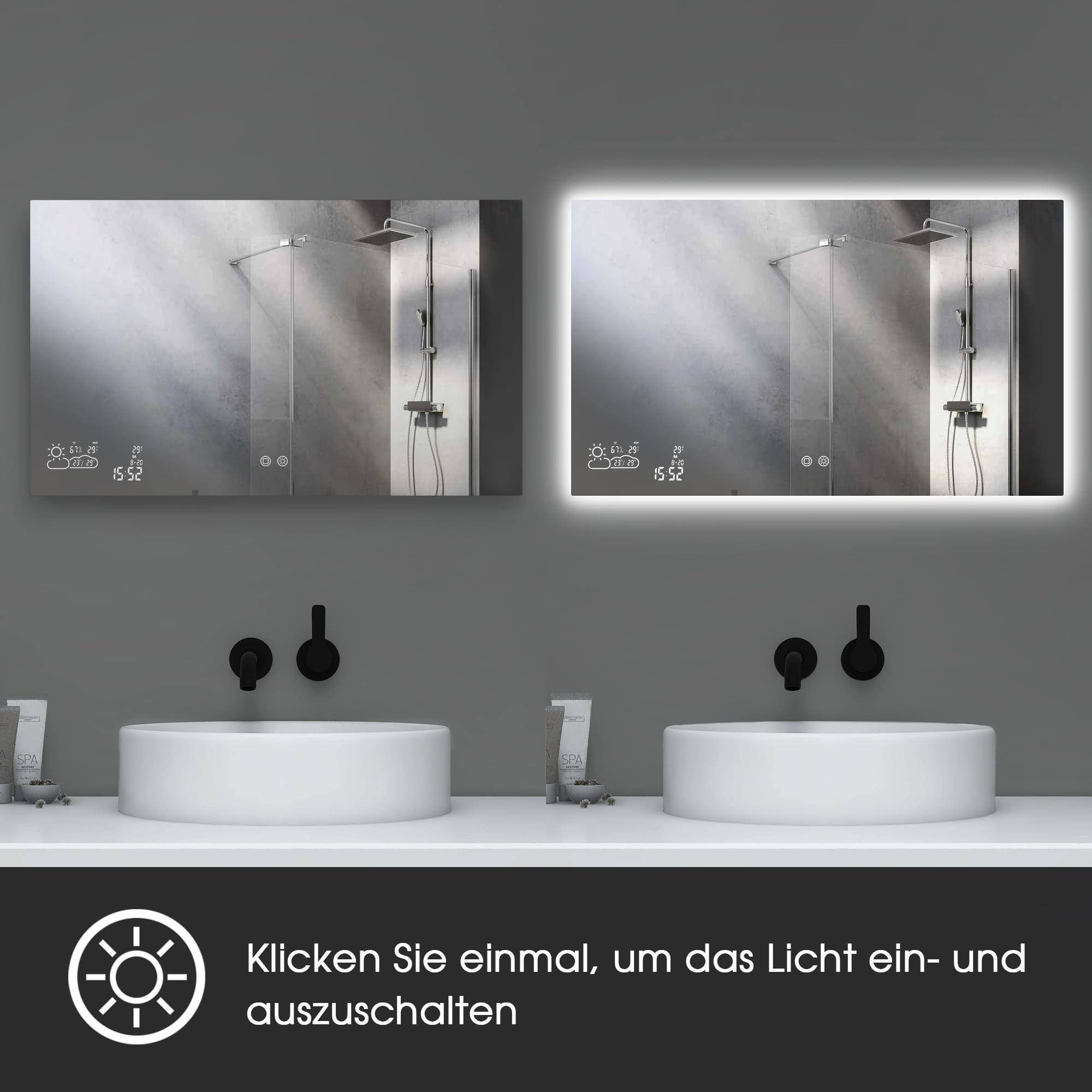 byecold Badspiegel mit LED Beleuchtung 100x60CM, Spiegelheizung mit Wetterstation, WiFi & Touch-Schalter, Bad Beschlagfrei Spiegel Heizung, Horizontal
