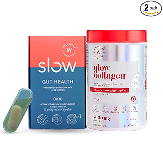 Wellbeing Nutrition Clear Skin Kit | Korean Marine Collagen with SkinAx2TM & Gut Health Slow Release Capsules for Blemish & Acne Free, Radiant Skin (250gms + 60 capsules)