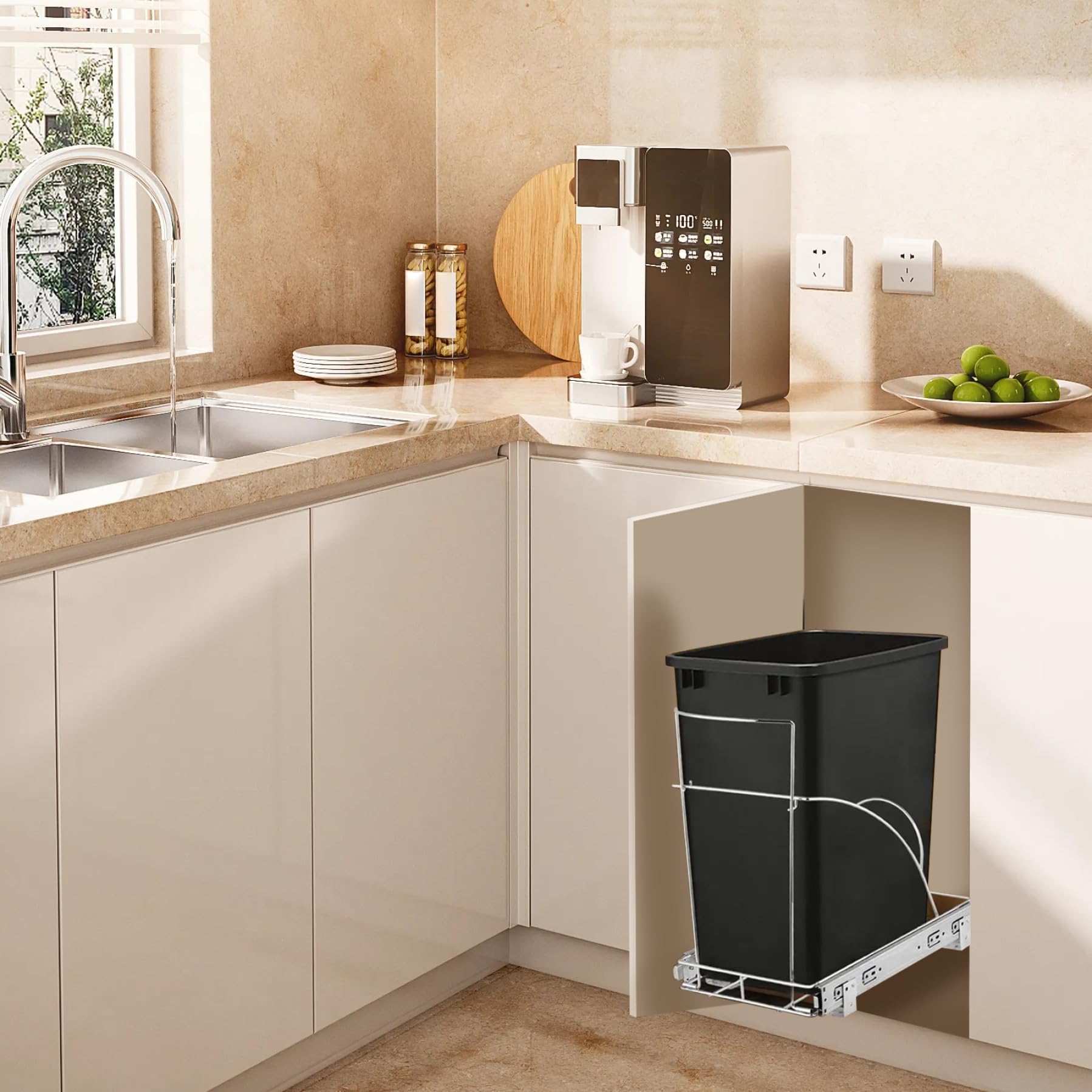 Cubo de basura debajo del fregadero, deslizador de basura para gabinete de cocina, cubo de basura extraíble ajustable debajo del gabinete, 16.5 x 15.8 x 11 pulgadas (bote de basura no incluido)