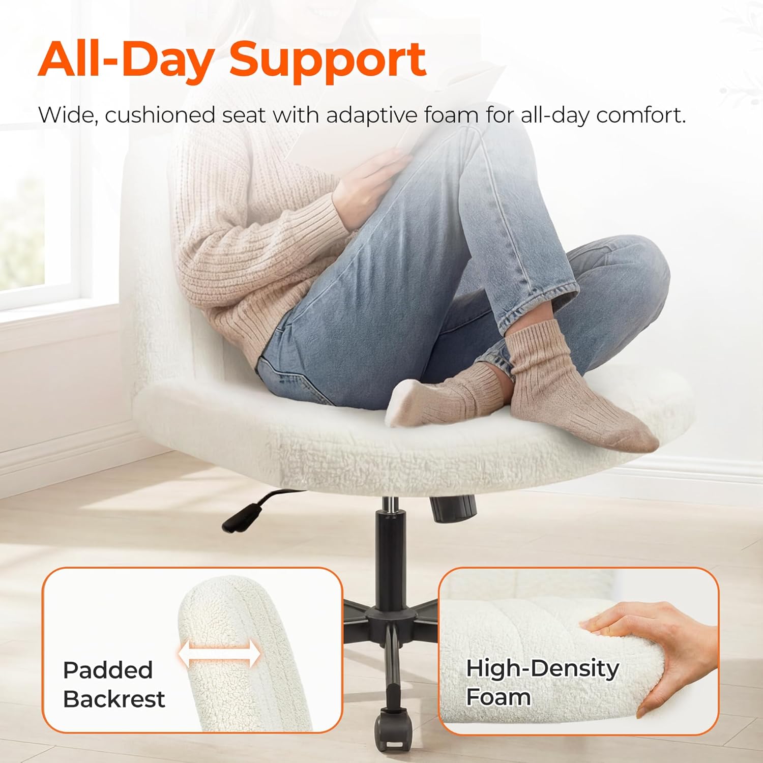 Orange Factory Criss Cross Chair Wheels Vanity Chair Office Desk Comfy Wide Cross Legged Armless Teddy Fabric Adjustable Swivel for Home Computer Task (White, Teddy Fleece)