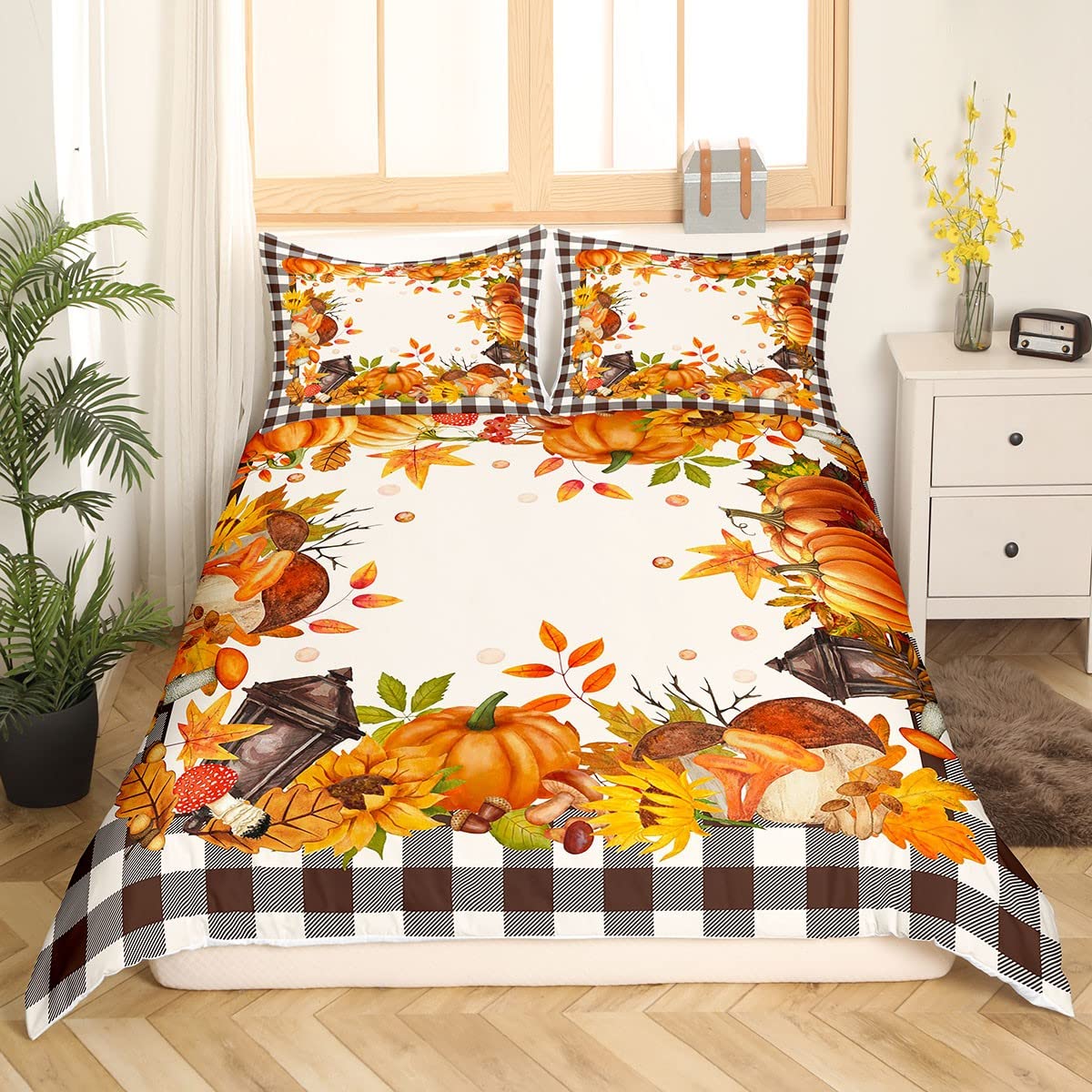 Juego de ropa de cama de Acción de Gracias, juego de cama de champiñones calabazas, tamaño King, funda de edredón geométrica de búfalo a cuadros de color marrón, decoración de otoño para el hogar,