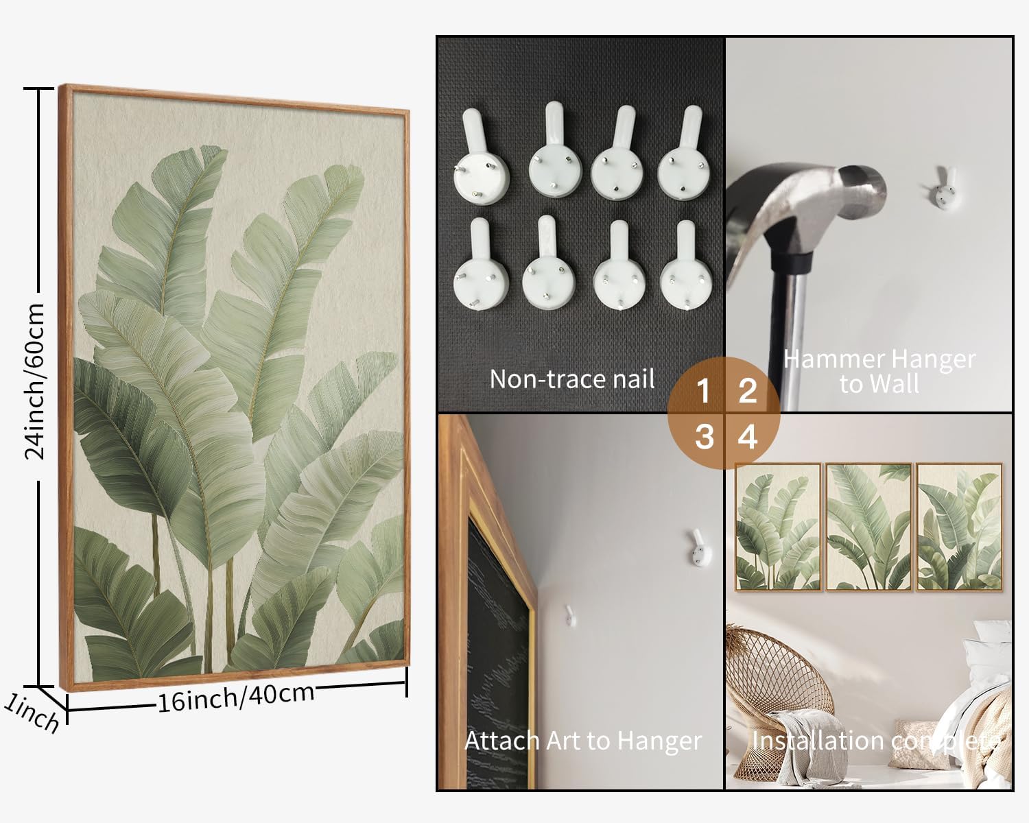 Rantodecor Sage Green Framed Canvas Wall Art, Minimalist Tropical Leaf Wall Decor, Boho Beige Nature Leaf Art Paintings, Bohemian Triple Panel Plant Artwork for Bedroom Living Room Office 16"x24"x3