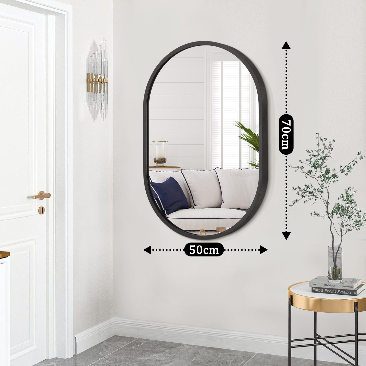 JJUUYOU Oval Mirror Black Metal Frame Bathroom Mirrors for Wall 7050 CM Large Aluminum Alloy Mirror Decorative for Bathroom Living Rooms Bedroom Entryway Hallway Horizontal or Vertical Hanging - Image 2