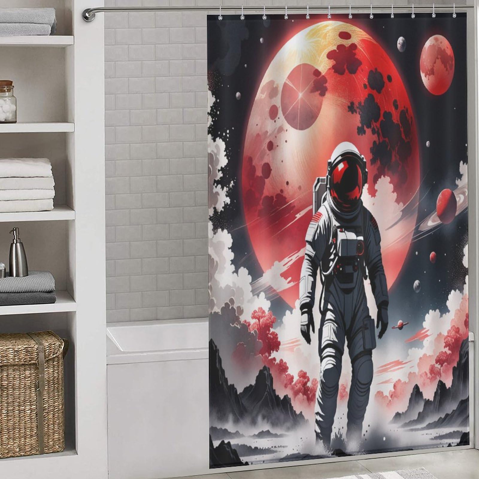 Rideau de douche espace astronaute en tissu polyester lavable pour baignoire 140x183cm