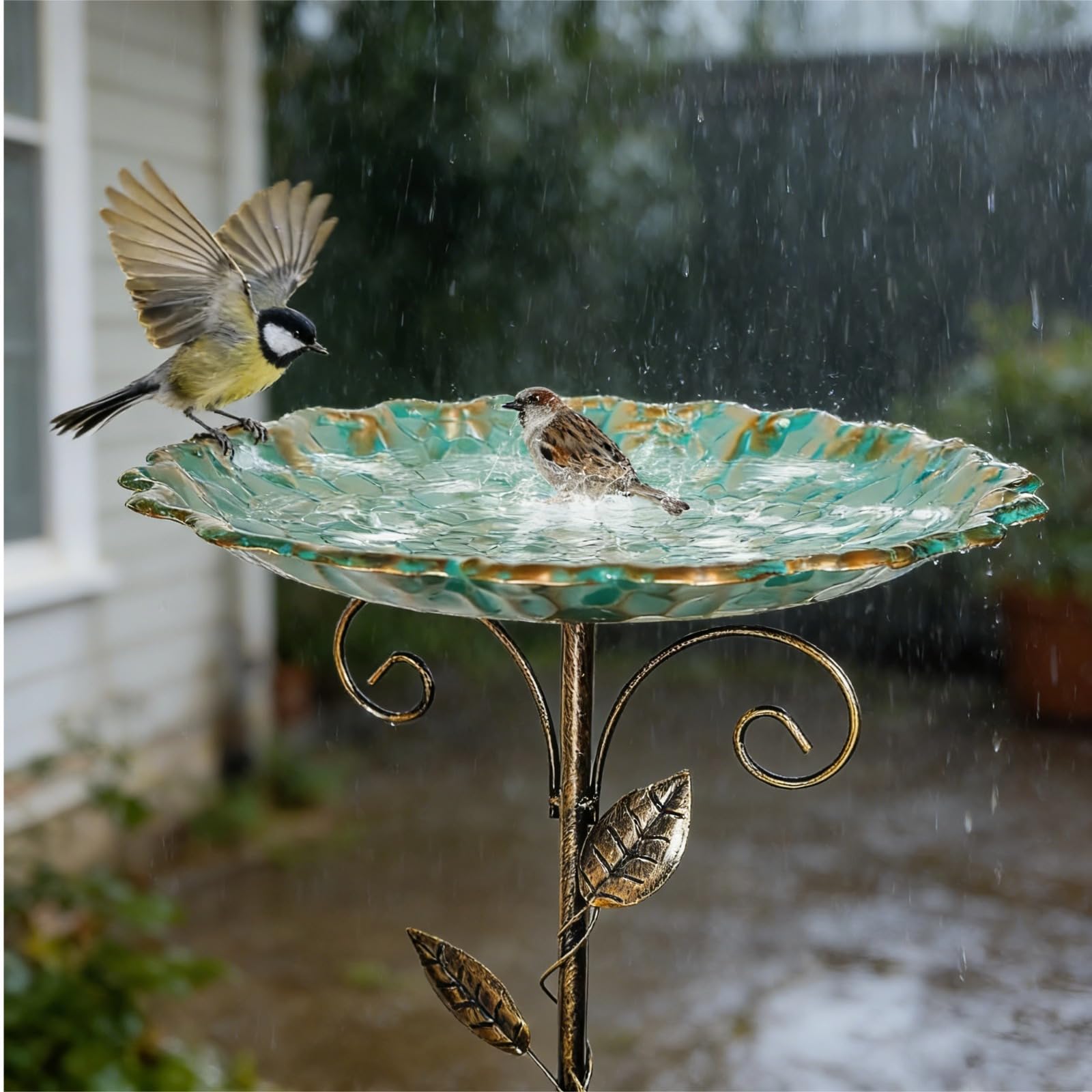 Vogeltränke Stehend, Metall Vintage Vogeltränke Winterfest, Vogelbad Garten Stehend, Wassertränke für Vögel, Futter Vogelbad, Wildvögel Wassertränke mit Erdspieß für Draußen Garten Hof Rasen (B)