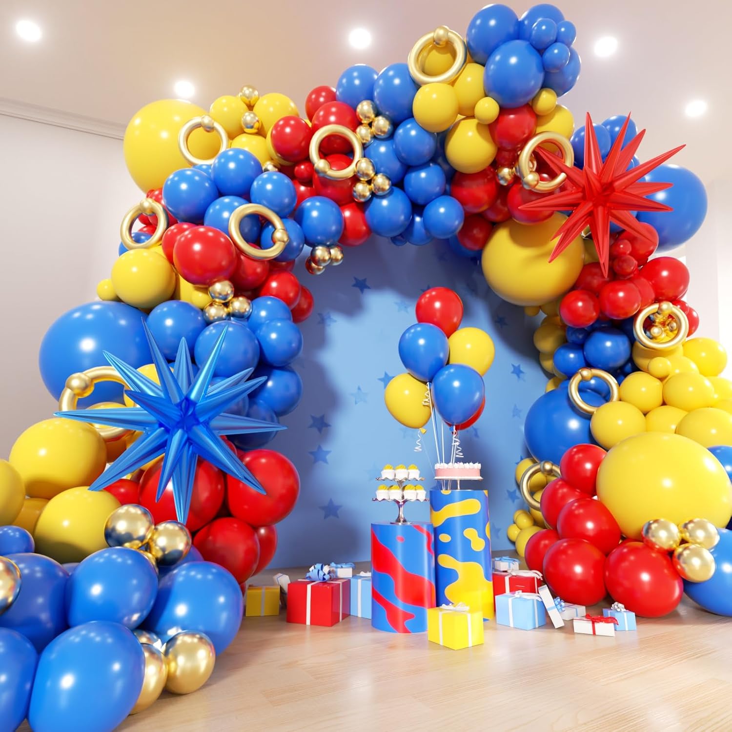 EICUECUE Red Blue Yellow Balloon Garland Arch Kit - 161Pcs Cartoon Hedgehog Theme Primary Color with Gold Circle Explosion Star Foil Balloons for Boys Kids Carnival Circus Birthday Party Decorations