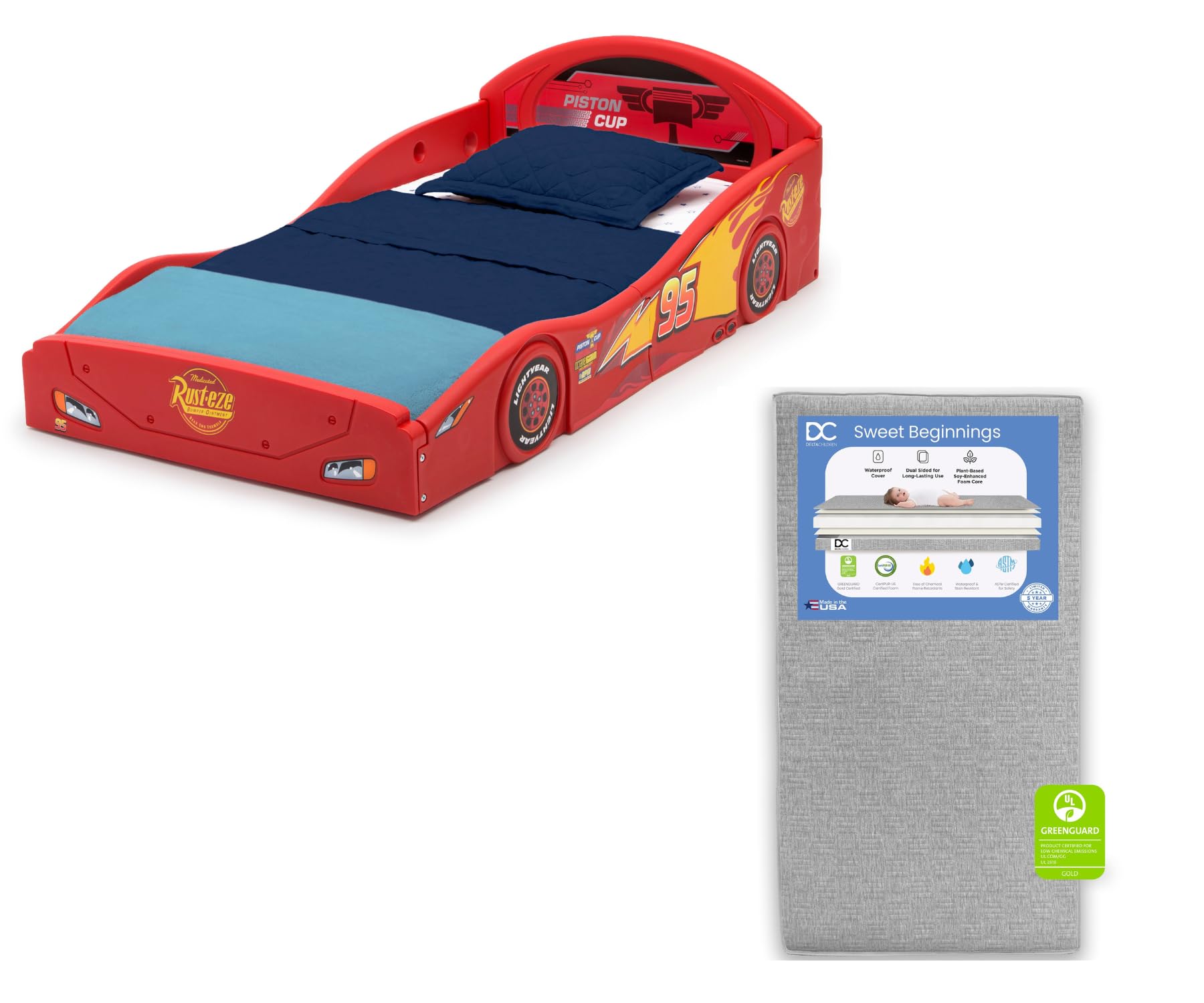 Delta Children Disney Pixar Cars Lightning McQueen Race Car Toddler Bed Sweet Beginnings Dual Sided Crib Mattress