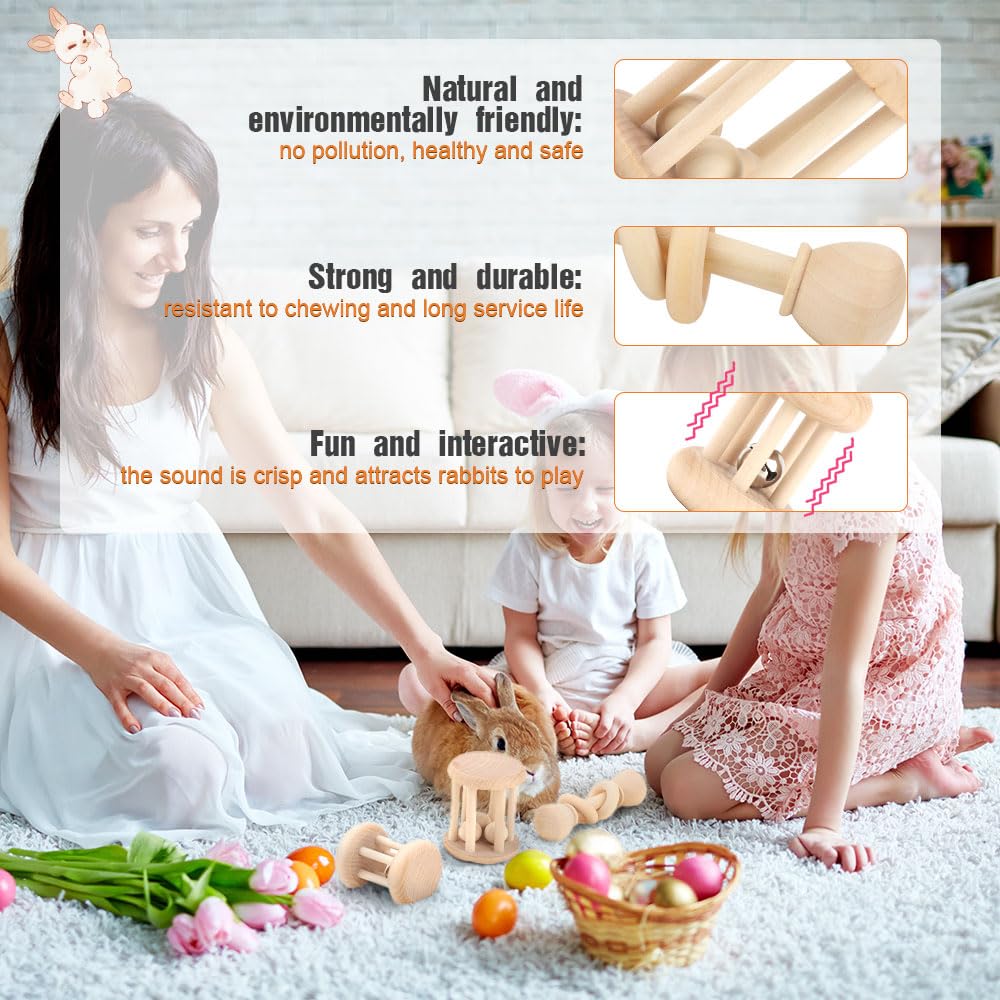 3 Pcs Wooden Bunny Toys with Bell,Safe Giochi per Conigli per Denti,Giochi per Conigli Nani per Indoor Outdoor,Piccoli Animali