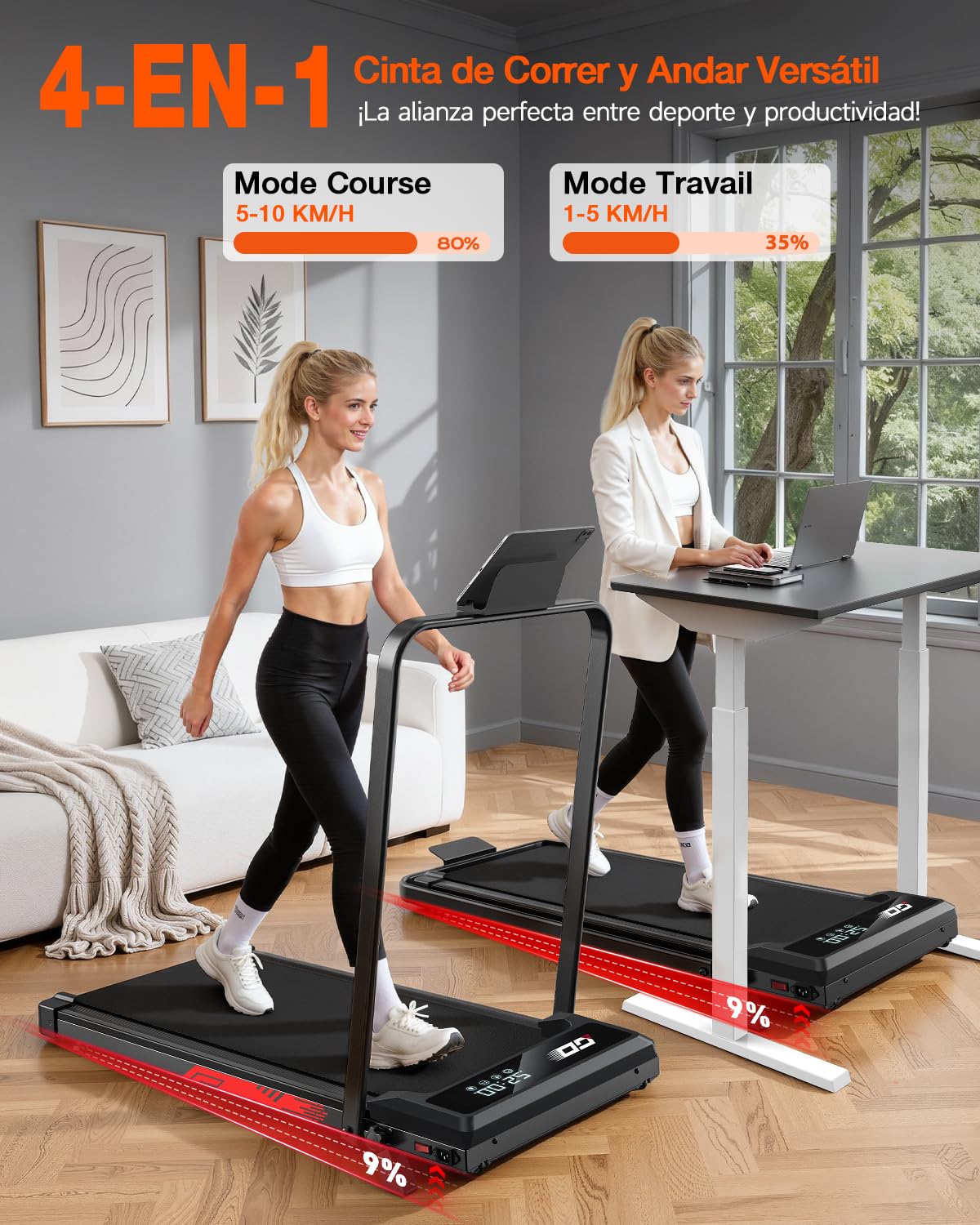 Cinta de Correr 4 en 1 Plegable con Inclinación 9% – Caminadora Eléctrica Silenciosa 10 km/h, Motor 3,0 CV, Sistema de Amortiguación, Pantalla LCD, 140 kg Máx – Hogar, Oficina y Fitness en Casa