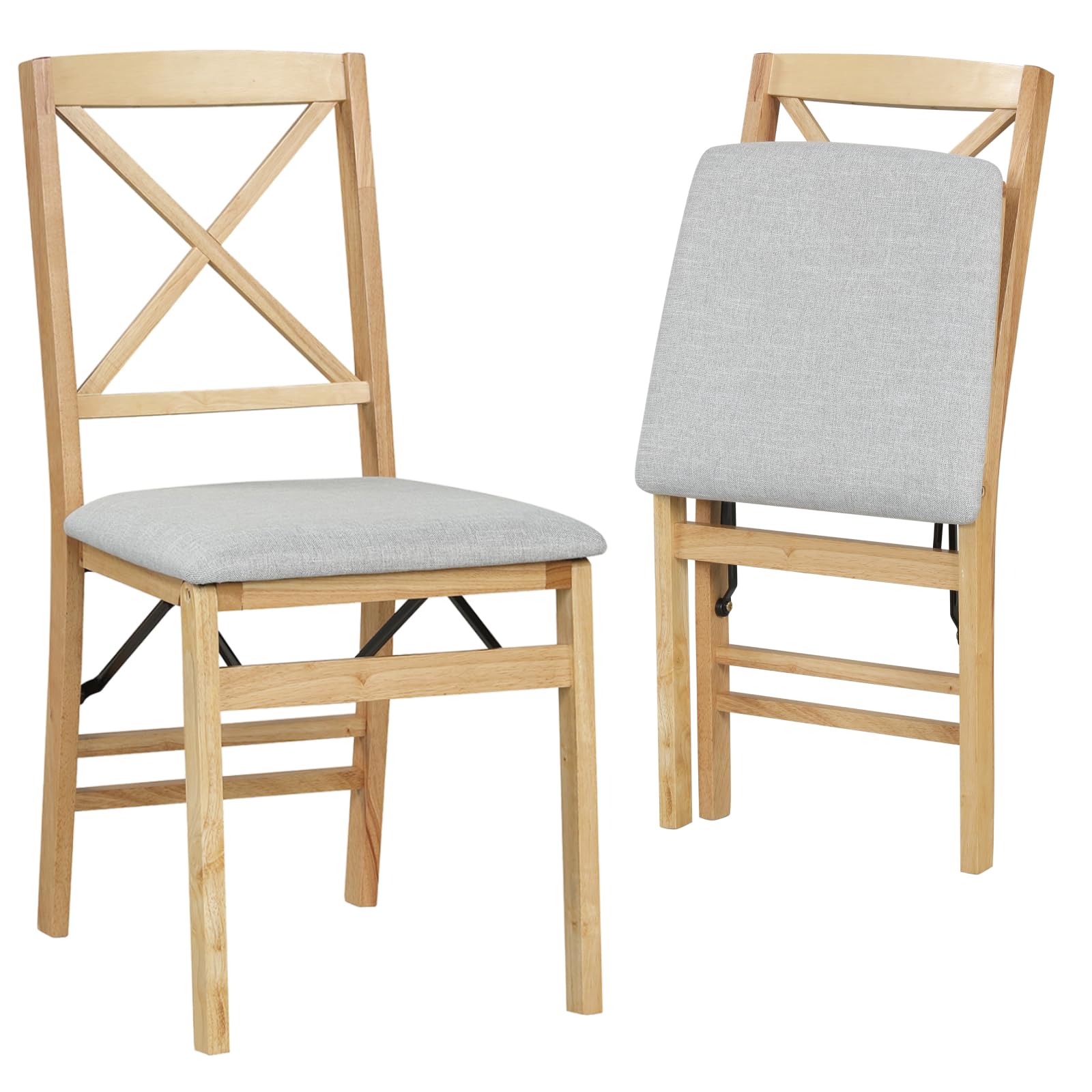 COSTWAY Padded Folding Chair Set of 2/4, Rubber Wood Counter Dining Chairs with Backrest, Upholstered Kitchen Office Conference Seats, 180kg Capacity (Linen Fabric, Cross Back, Natural+Grey, 2)