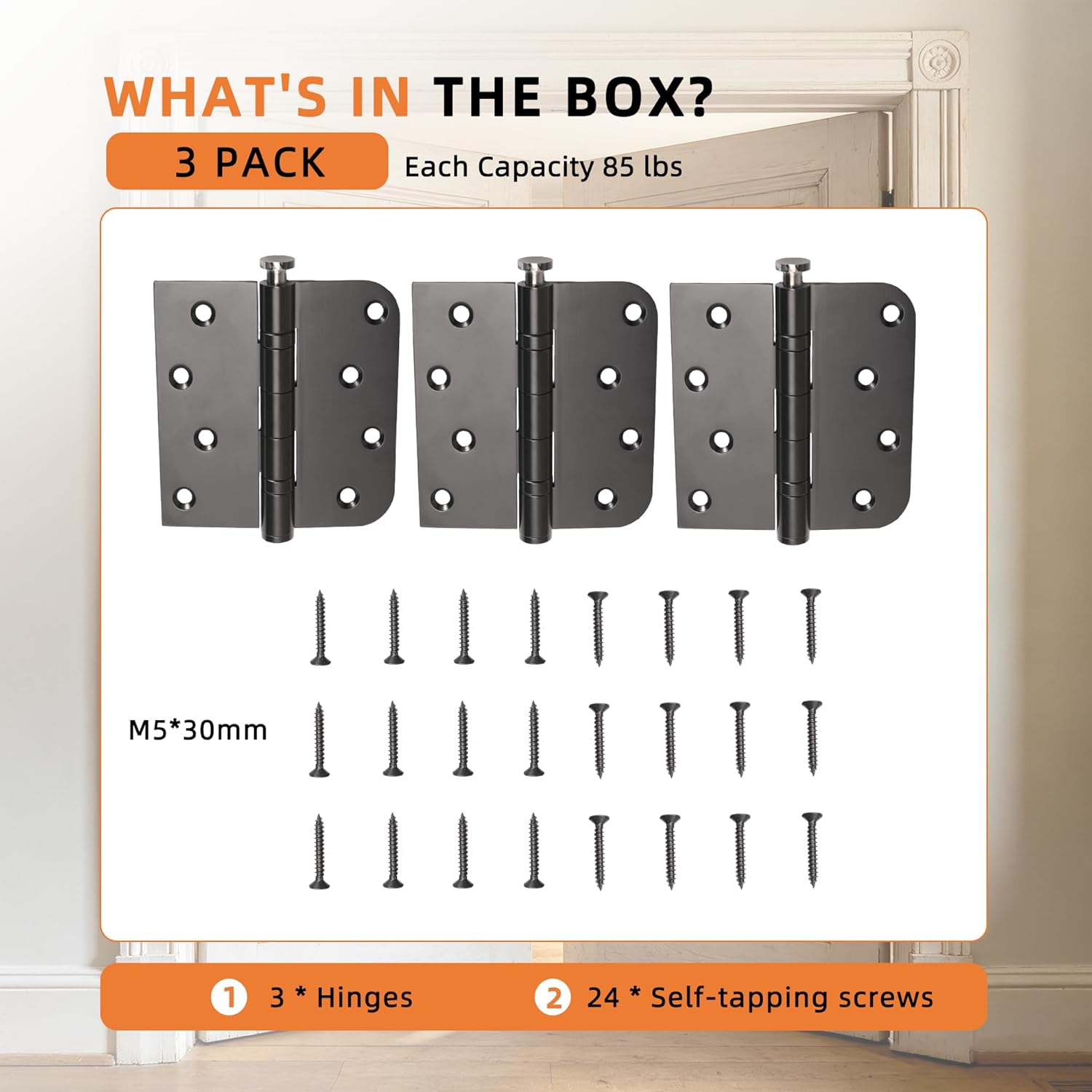 3 Pack Black Heavy Duty Pin Removable 4" X 4 Inch Stainless Steel Ball Bearing Square Door Hinges with 5/8" Radius Corners, Heavy Duty Interior & Exterior Door Hardware for Left & Right Doors Hinge