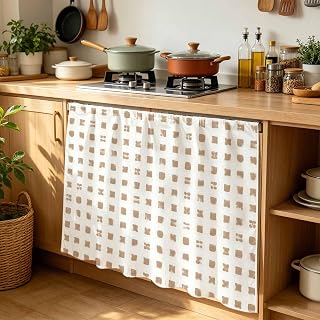 Cabinet Curtain Seamless Squares Desk Curtain 35x35in, Washable Under Sink Skirt for Kitchen Bathroom Laundry, Minimalist Blocks on Beige Privacy Self-Adhesive Shelf Curtains