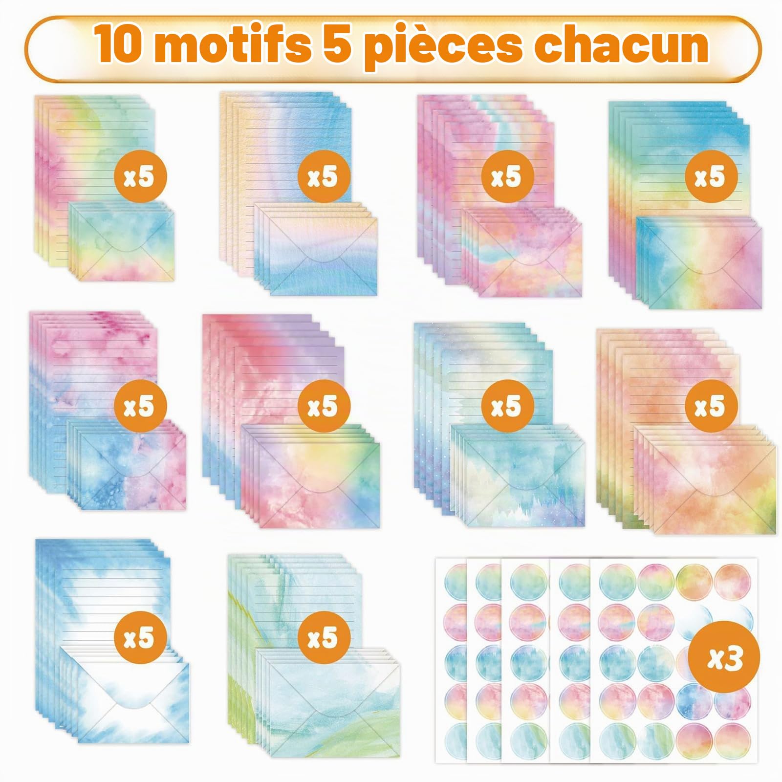 Ensemble de papeterie 160 pièces avec enveloppes, 50 feuilles A5 (10 motifs) et 50 enveloppes, idéal pour les cartes d'invitation et de vœux pour Bureau, Maison, l'école, Kit A