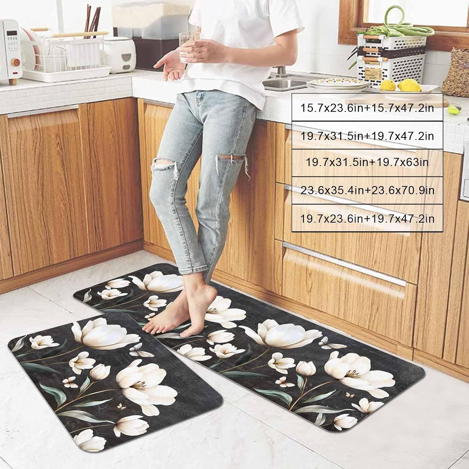 Prime Leader Vintage Kitchen Mat Set 2 Pieces White Magnolia Flower Farmhouse Non Slip Kitchen Rugs Washable Runner Rug Mats for Sink Laundry (23.6" x 35.4"+23.6" x 70.9")