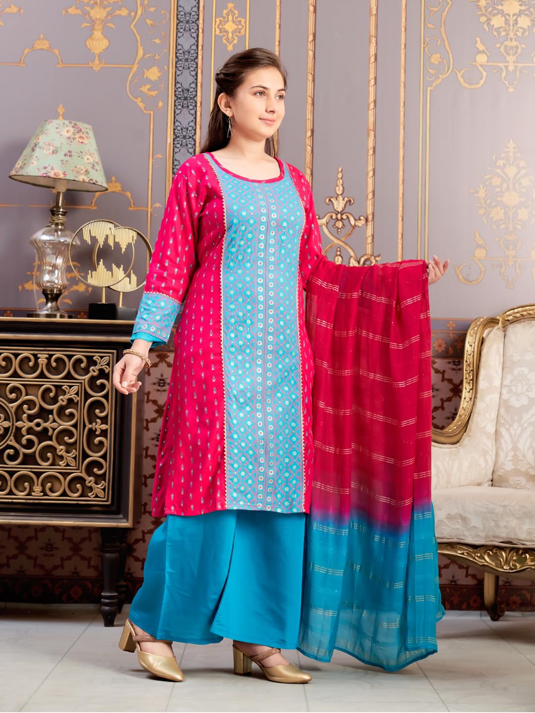 Aarika Girls Ethnic Wear Rani-Rama Colour Foil Print Rayon Kurti-8-15 Years (Kurti-Tr-K-859)