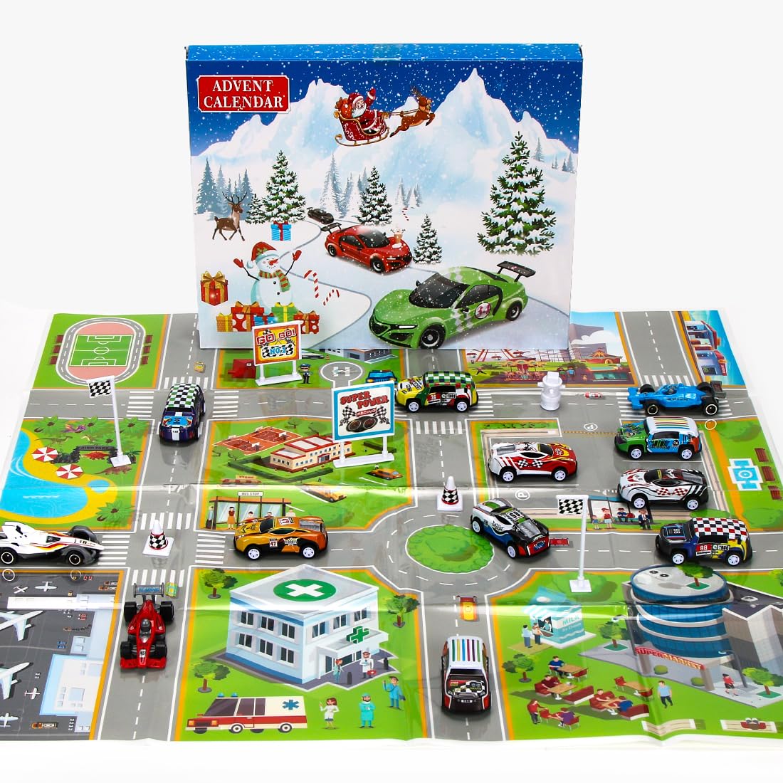 Sprinlot Calendario Adviento Coches, Juguetes de Carreras con Medalla Señales de Tráfico, Calendario Adviento Niños, Calendario de Cuenta Regresiva, Navidad Regalo para Niños Niñas