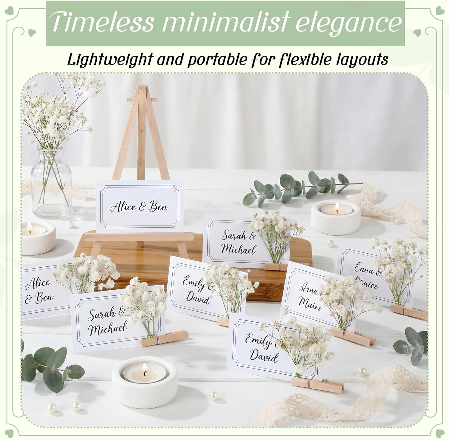 50 Pcs Wedding Place Cards with Wooden Clip, Black