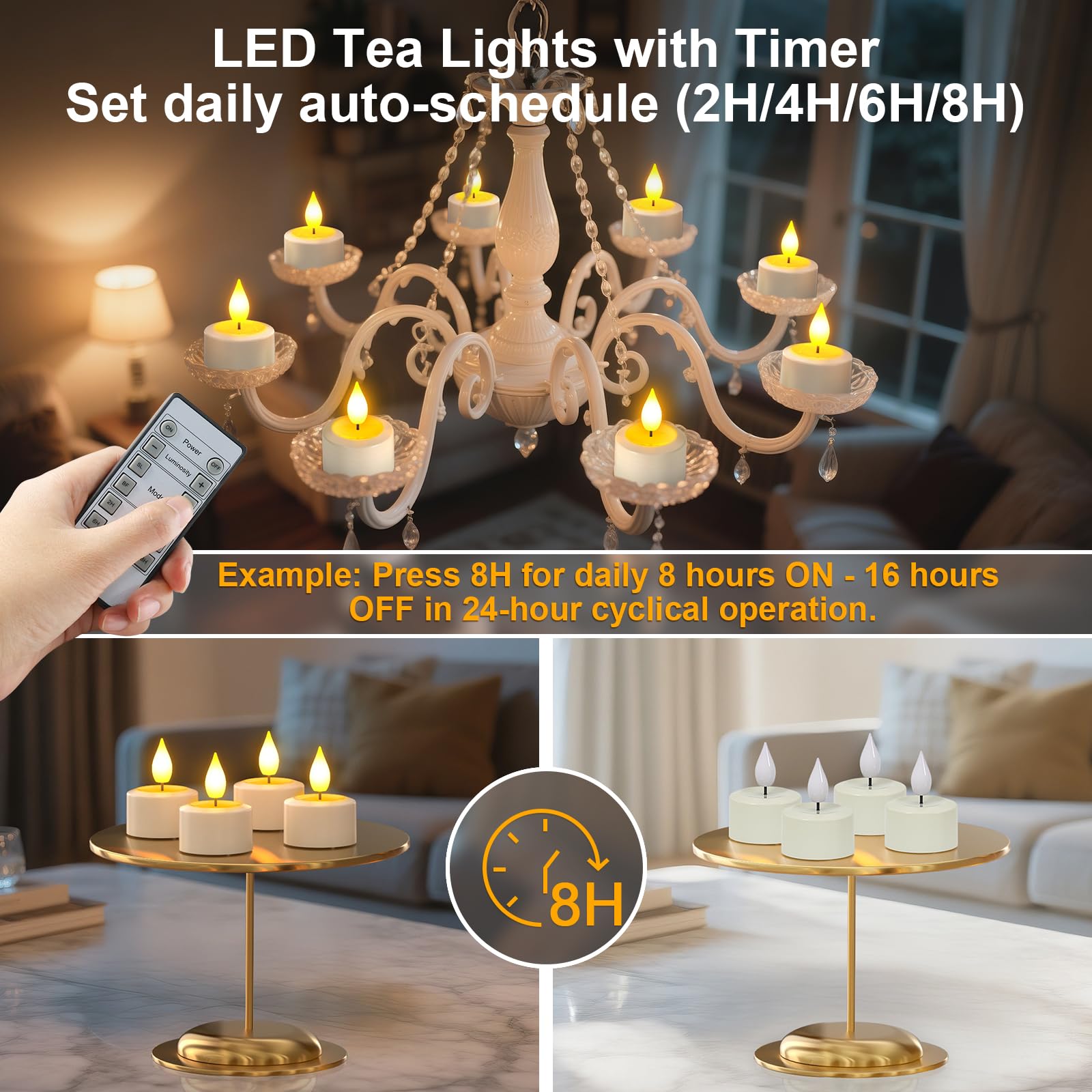 Yme Rechargeable LED Tea Lights, 2 Pack with Timer and Remote Control, Flickering Candles for Room Decoration - Image 3