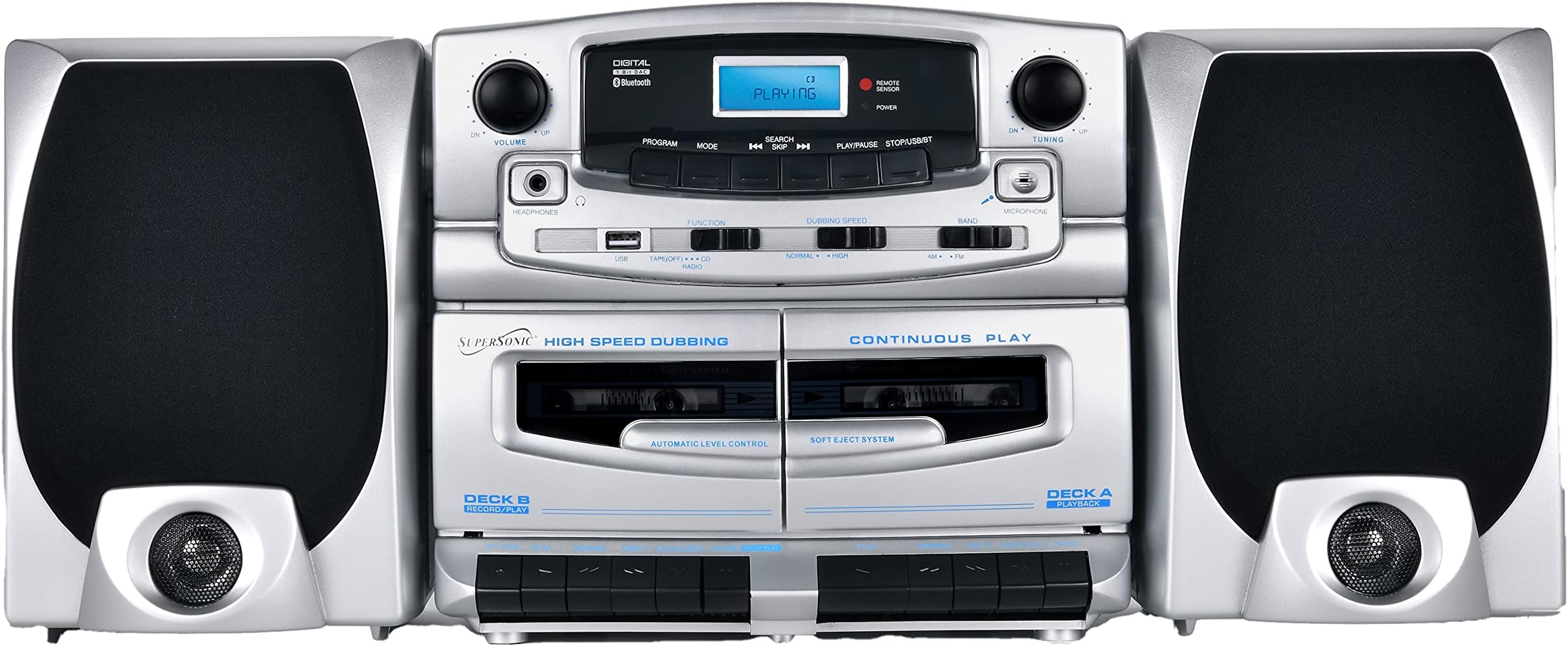 SC-2121BT Bluetooth Entertainment Audio System, Bluetooth 5.0, op Loading MP3/CD Player, AM/FM Radio, USB Input, Double Cassette Recorder, High-Performance Detachable Speakers, AC/DC