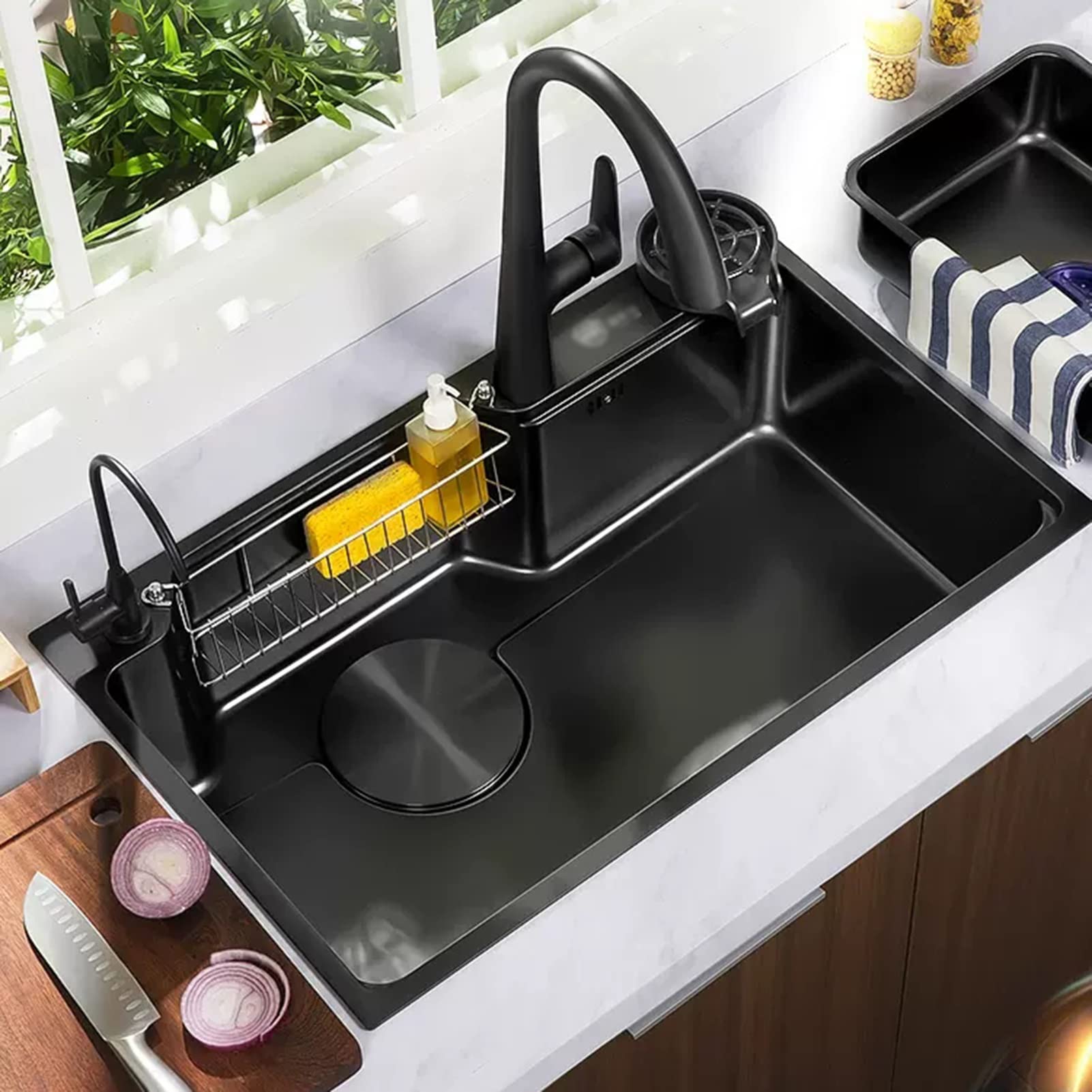 Lavello da Cucina a Vasca Singola, lavello da Bar in Acciaio Inossidabile 304, lavello per la casa, lavello per Verdure, da Incasso o sottotop (Nero 78x48x22 cm)