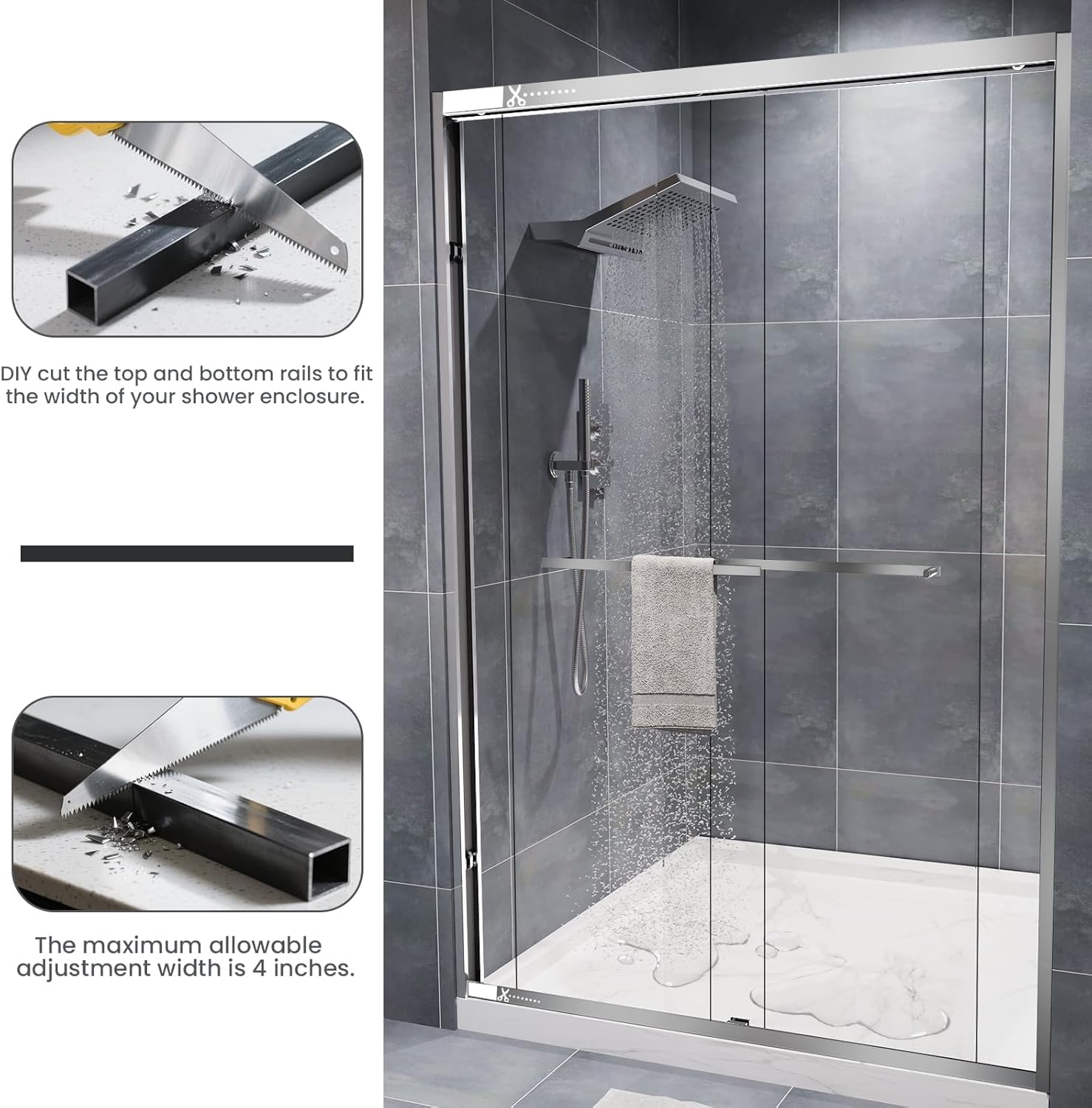 48" W x 76" H Glass Shower Door, 4 Inch Adjustable Bathroom Sliding Door, Aluminum Semi-Frameless & 1/4"(6mm) Clear Tempered Glass Dual Sliding Shower Doors for Walk-in Shower (Chrome Silver)