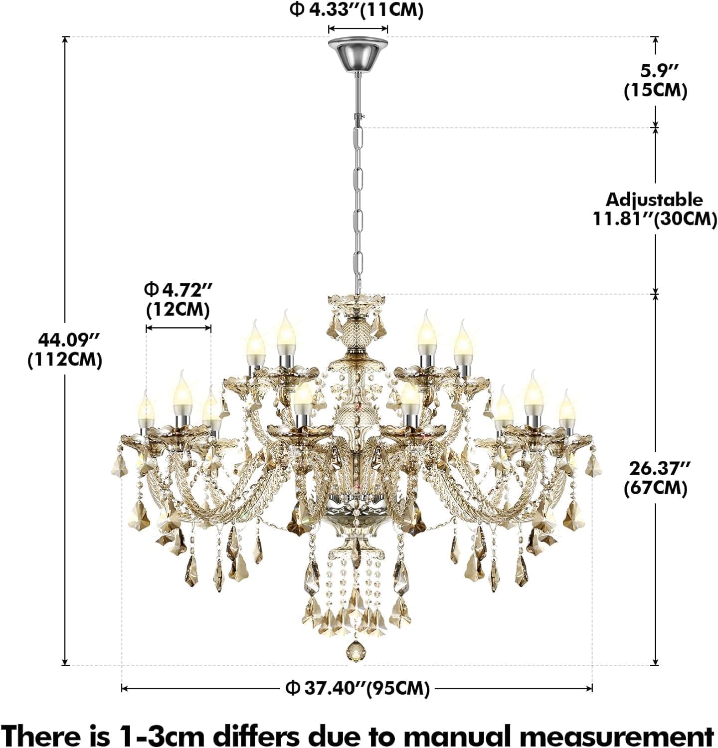 Luxuriöser 15-Lichter K9-Kristallleuchter Cognac, E14 Kerzen Kronleuchter, Moderne Hängeleuchte für Wohnzimmer Schlafzimmer Esszimmer und Gastronomie