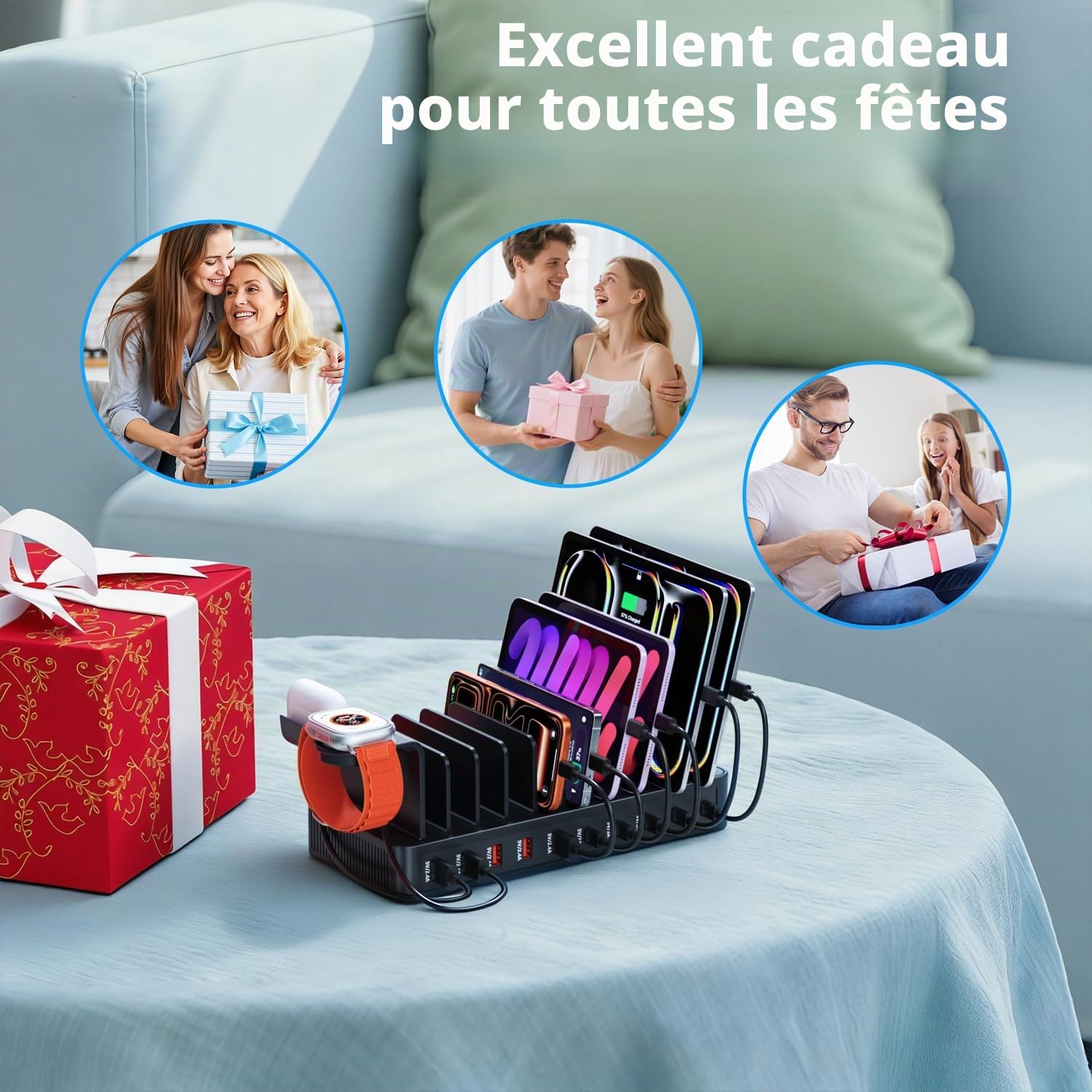 Station de Recharge Multi-appareils 100W, Chargeur 10 Ports USB C+USB A, Support de Bureau pour téléphone et Tablette, adapté au Rangement des appareils, Compatible avec iPhone/Galaxy/iPad/tablettes