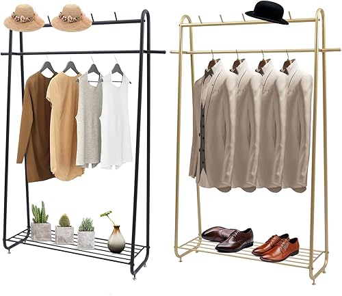 Perchero de ropa resistente para dormitorio, sala de estar, perchero independiente de acero de estilo moderno con estantes, armario, color negro