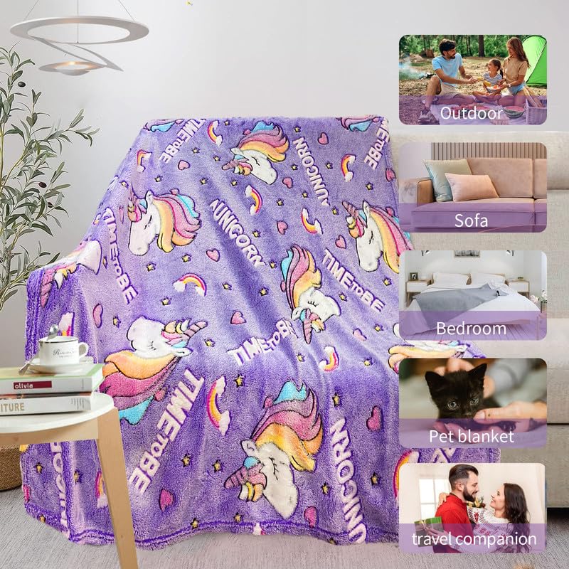 Unicorn Blanket for Girls, Glow in The Dark Personalized Baby/Toddler Blanket, Soft Fleece Unicorns Gift Age 1-12, 50in x 60in