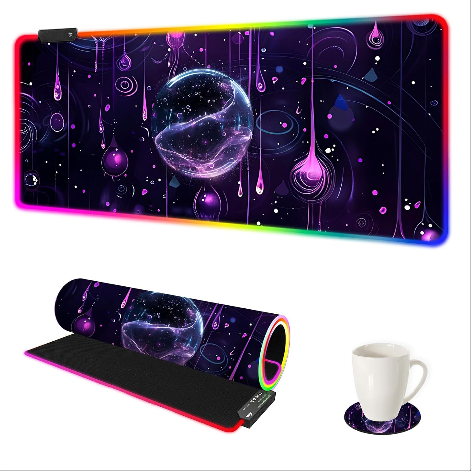 DINKY RGB Large Gaming Mouse Pad, Extended Soft LED Mouse Pad, Non-Slip Rubber Base Keyboard Pad, Computer Mousepad 35.4 x 15.8 inches, Purple Water Droplets