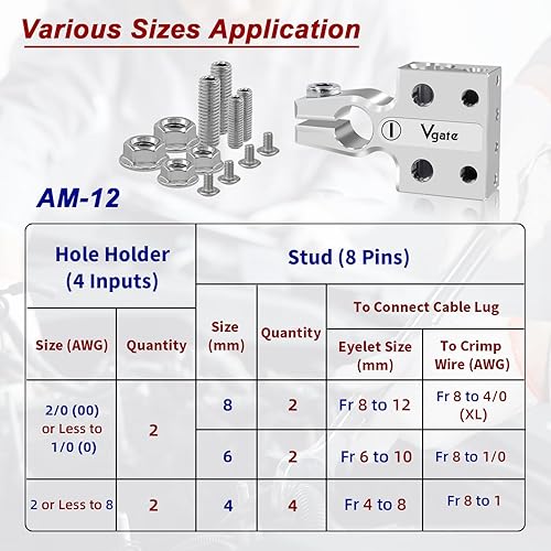 Miniatura 4 de Vgate Conector de terminal de batería de plomo ácido de 12 vías, soporte de orificios de varios tamaños, calibre 8AWG hasta 40 (XL), positivo y