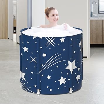 ptlsy Portable Bathtub, Japanese Soaking Bath Tub for Shower Stall, Foldable Bathtub with Thermal Foam, Freestanding, Folding & Soaking Spa Bath Tub with Pillow for Small Spaces Blue Sky