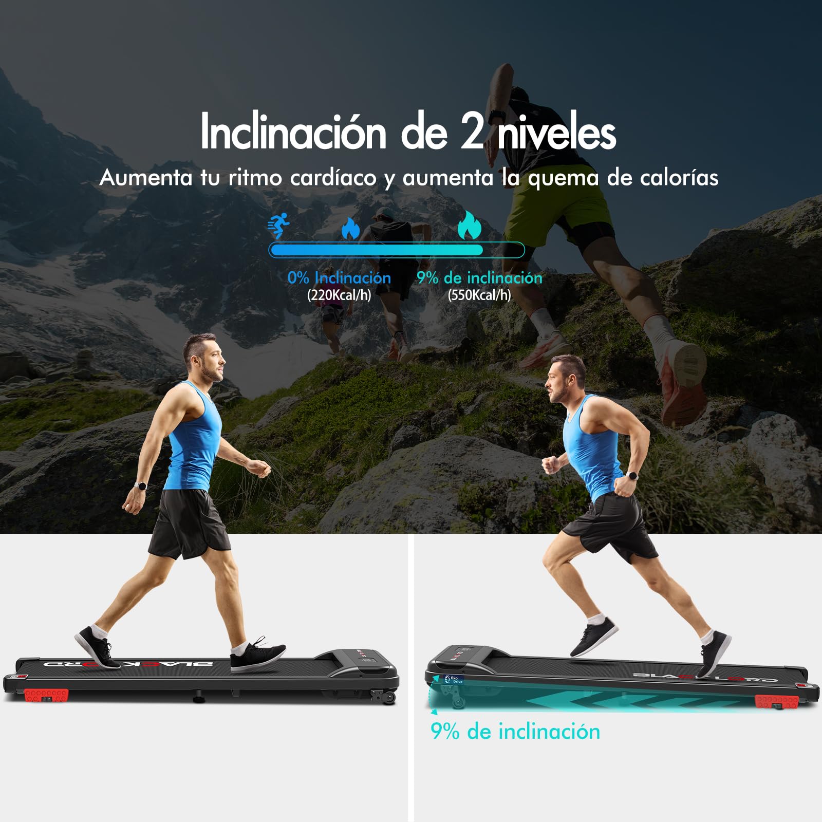 BLACK LORD Cinta de Correr, Walking Pad 9/12/16km/h, Superficie de Carrera con/sin inclinación del 9%, para Debajo del Escritorio, Pantalla LED, portátil,silenciosa,Capacidad de Peso de 120/130/140kg