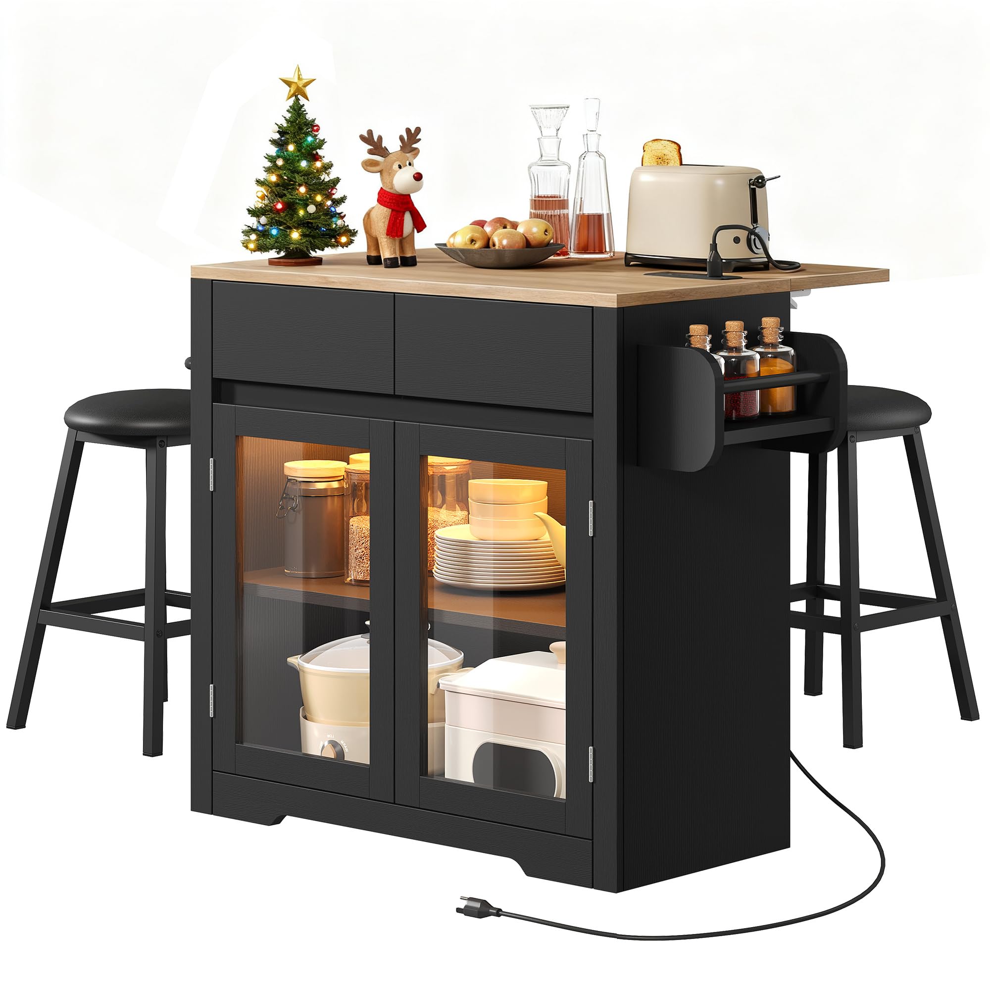 YITAHOME Rolling Kitchen island with Seating and LED Lights, Mobile Storage Islands with Drop Leaf, Dining Table with Power Outlet, 2 Drawers and Soft Stools, Spice/Towel Rack, Lacquered Finish, Black