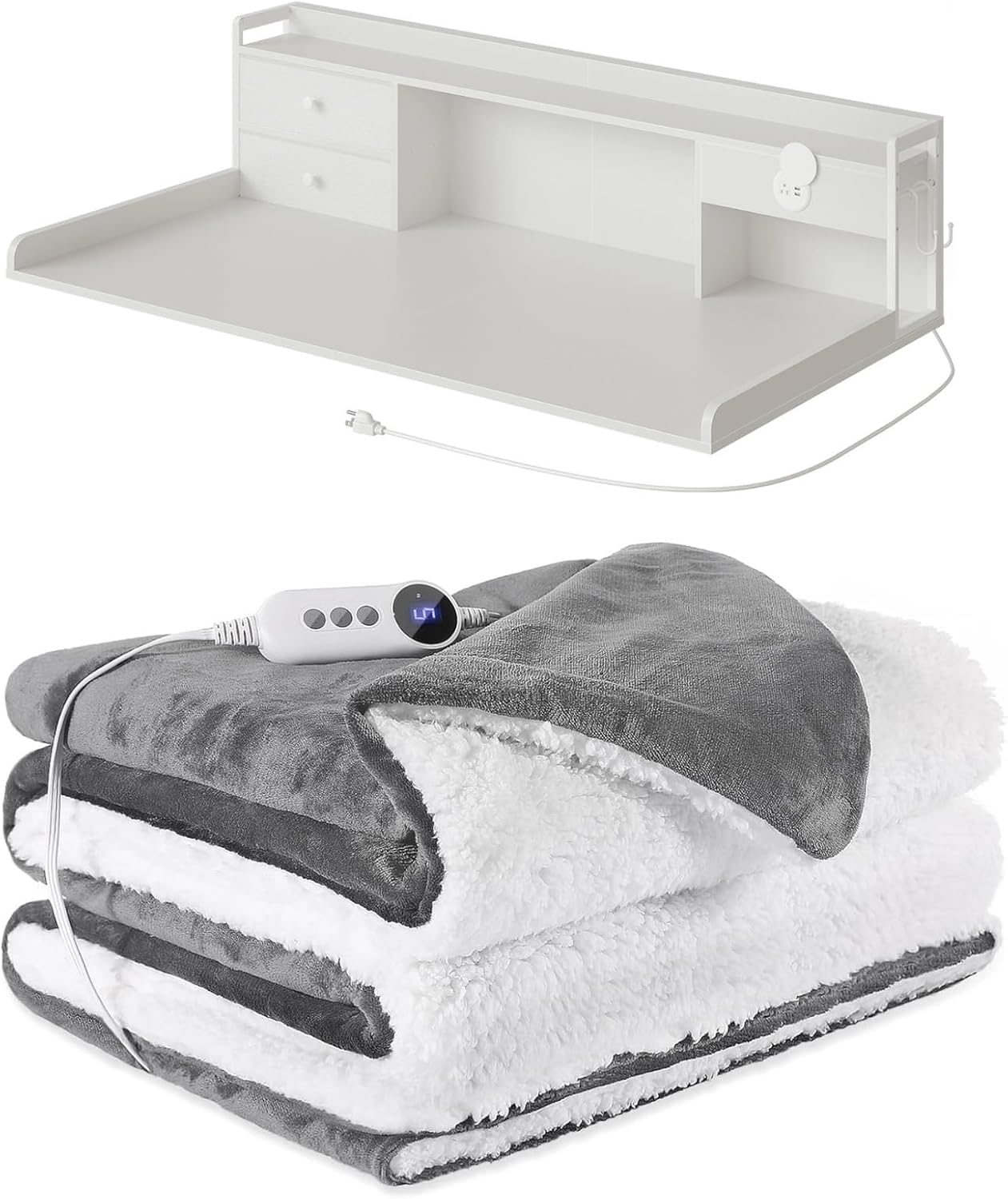 Washer and Dryer Countertop with Charging Station, Electric Heated Blanket Throw 50"x60", 2-Titer Large Laundry Countertop with Hooks and Non-Slip Pads, Soft Cozy Flannel & Sherpa Fabric