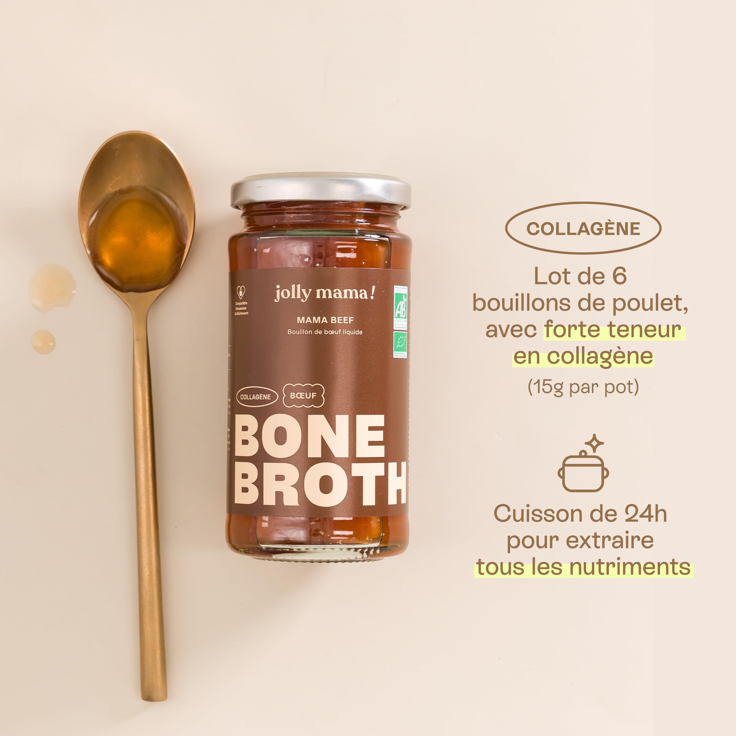 Jolly mama! Mama Beef | Bouillon de Boeuf Bio | Riche en Collagène | Idéal en Postpartum | Cuisson Douce Pendant 24 heures | Alternative Liquide à Collagène Poudre | Fabriqué en France | 6 X 240 ml