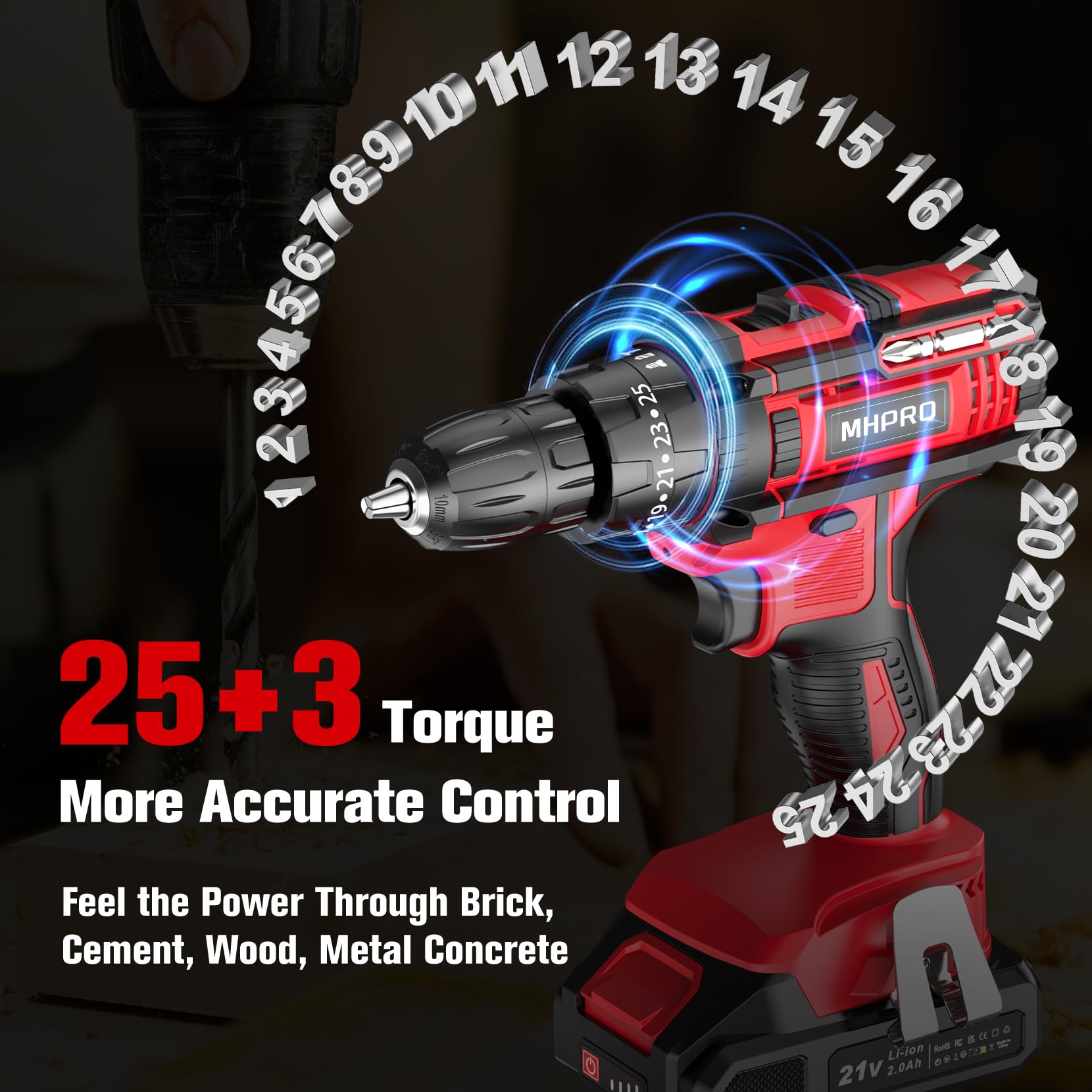 MHPRO Taladro Percutor a Bateria 21V, Taladro Atornillador Bateria con 2 Baterías 2000mAh, 42Nm, 25+3 Ajuste de Par Destornillador Electrico, 30 Accesorios, 2 Velocidad, LED Luz Para Hogar, Bricolaje