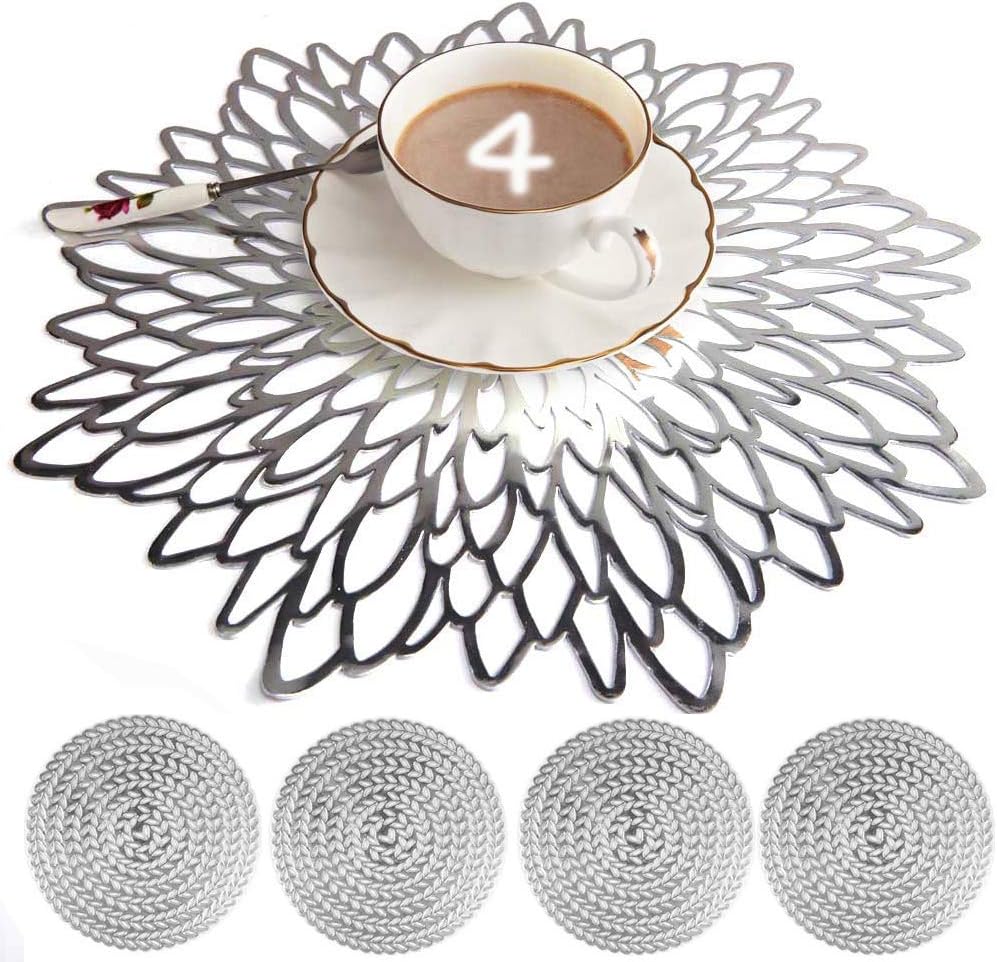 MANGATA Silver Placemats and Coaster Sets, Round Table Placemats for Christmas, Wedding, Dinner Parties, Restaurant, Hotel, 15.5inches (Sets of 4)