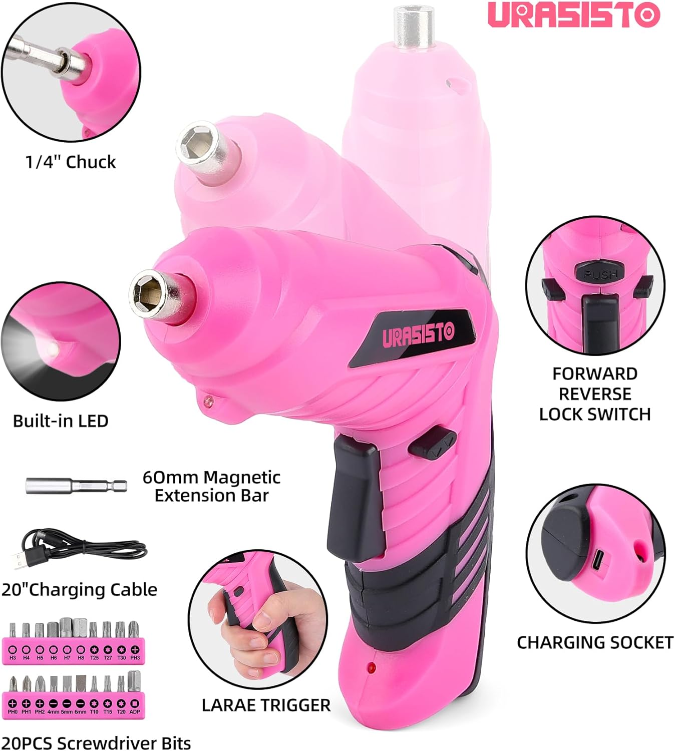 Pink Household Tool Set with 3.6V USB Electric Screwdriver, 136 PCS Home Tool Kit with Cordless Lithium-ion Drill Driver, Hand Tool Kits for Women - Image 3