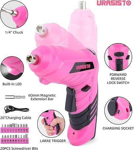 Miniatura 3 de Juego de herramientas para el hogar rosa con destornillador eléctrico USB de 3.6 V, kit de herramientas para el hogar de 136 piezas con