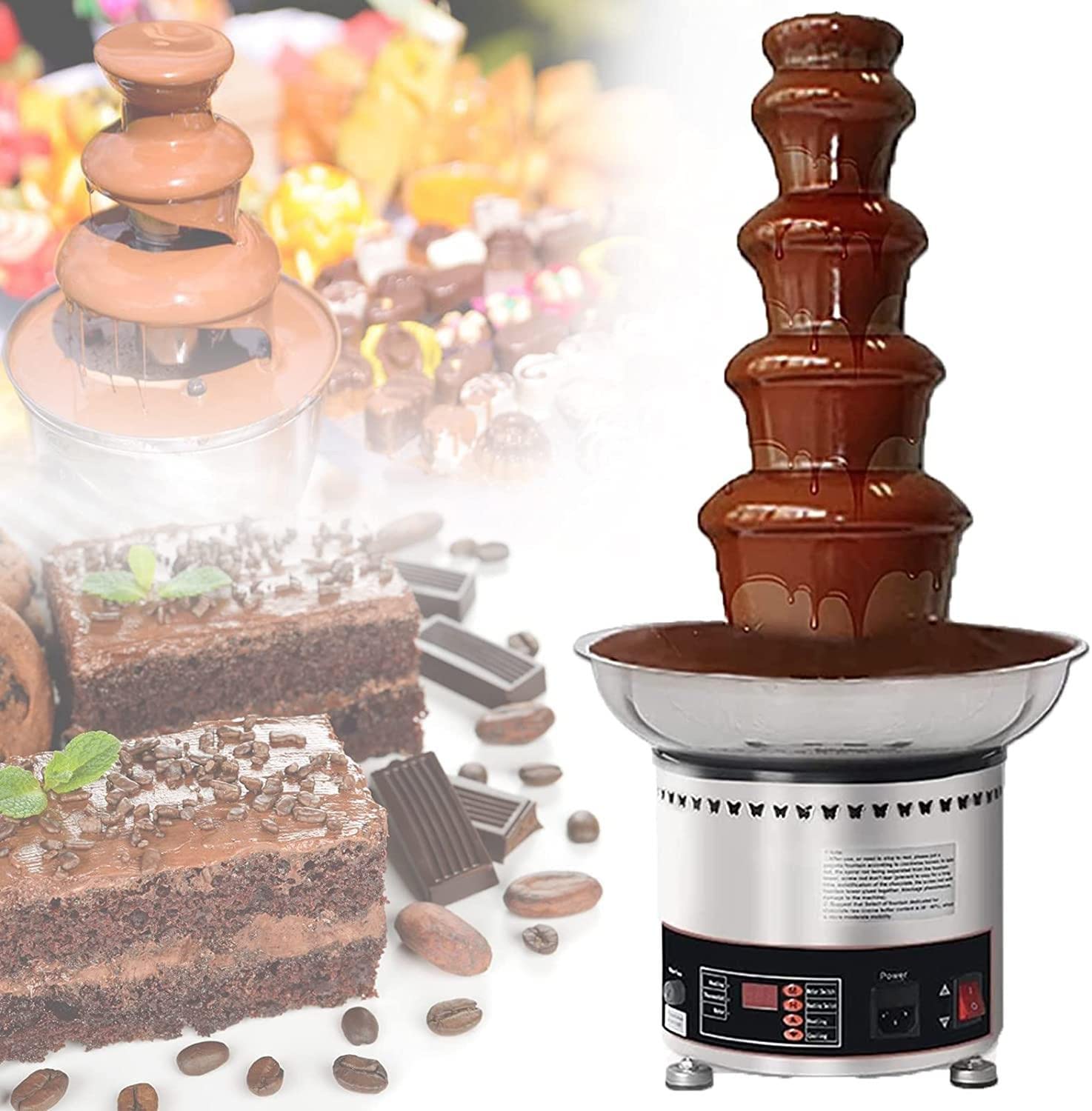 EAGLEGLarge Capacity Chocolate Fountain Machine, 4/5/6/7 Tiers Commercial Chocolate Fondue Waterfall with Temperature Control, Sauce Heater, 3KG Capacity for Chocolate Candy Butter Cheese,5Tier