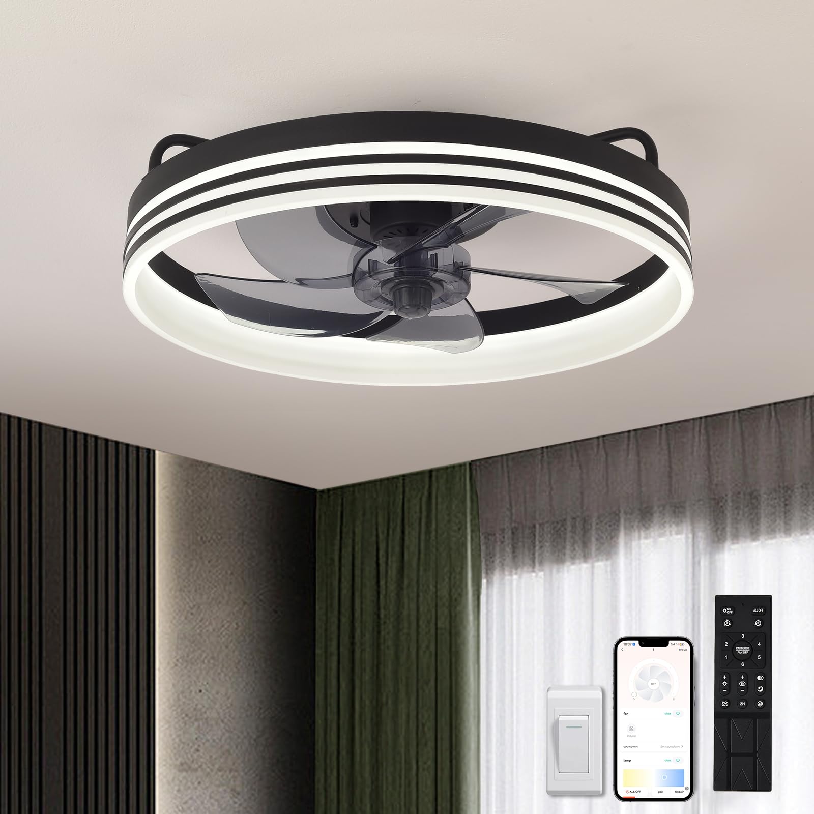 Ventilador de Techo con Luz LED 40W, 50cm Plafón Ventilador Silencioso con Mando a Distancia y Control de Pared, 4320LM Brillo Regulable, 6 Velocidades, Memoria Inteligente, para(Negra)