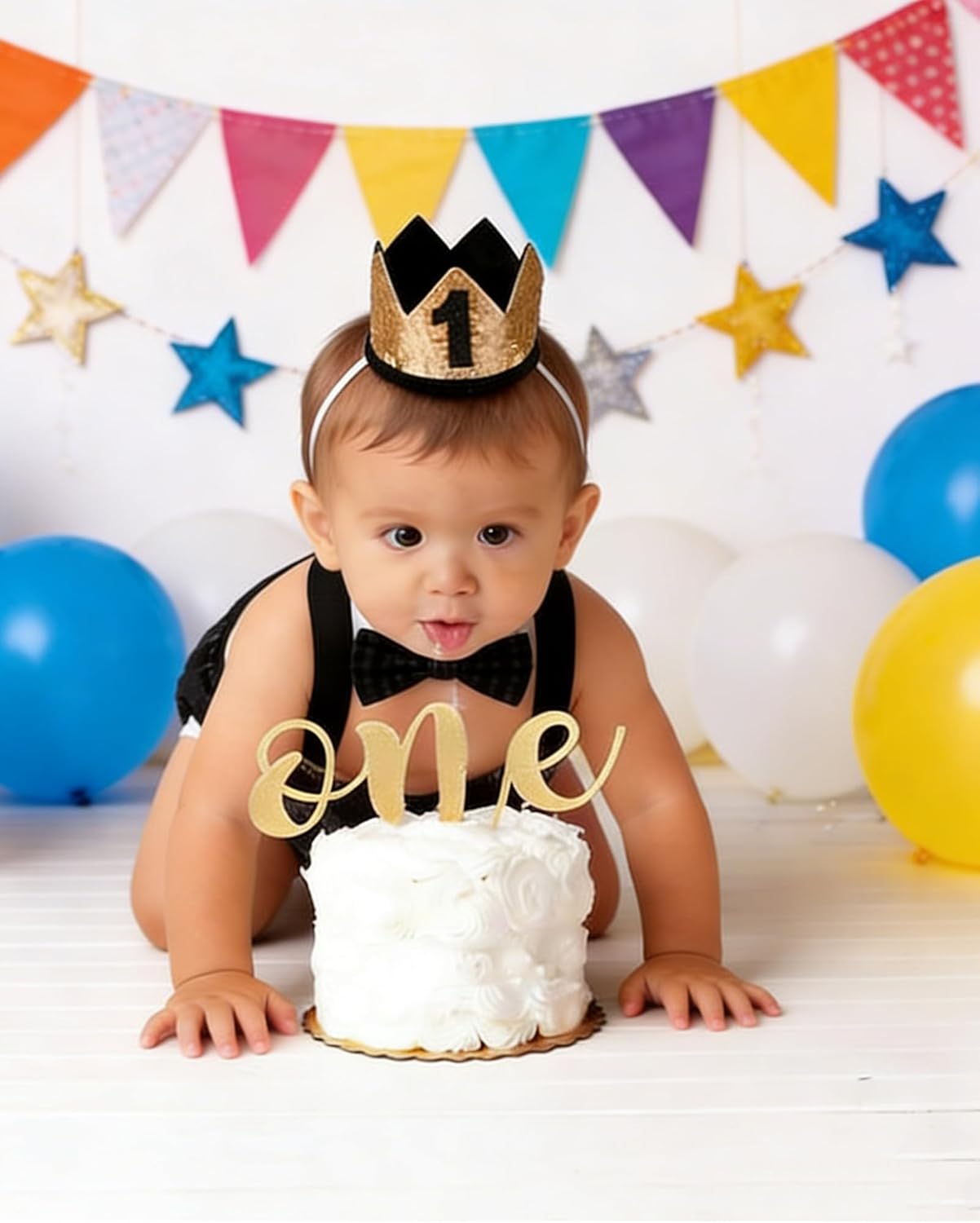 WELROG Baby Boys First Birthday Cake Smash Outfit Bow Tie Suspenders Bloomers Birthday Hat Sparkle Gold Set - Image 2