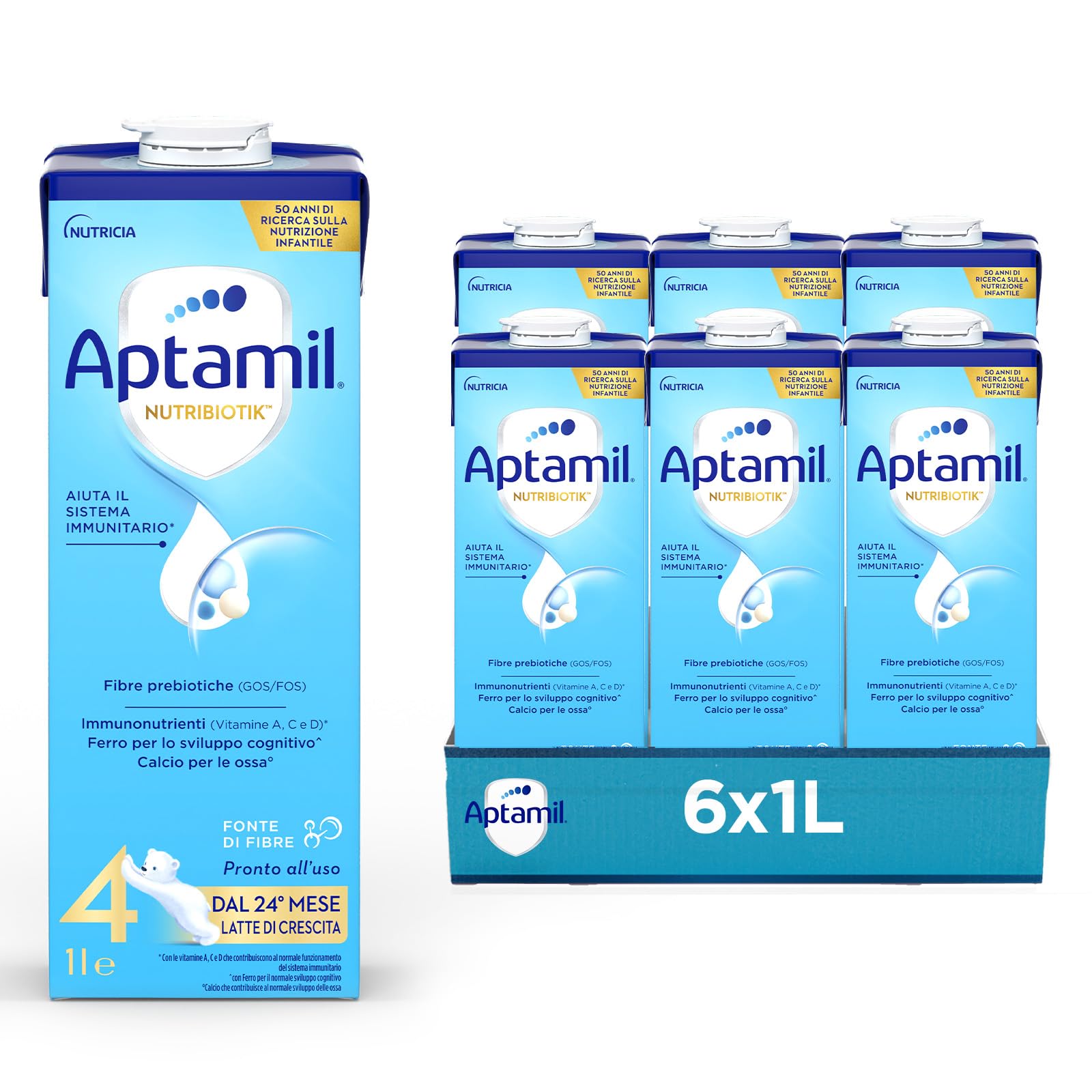 APTAMIL 4 - Latte di Crescita Liquido per Bambini dai 24 mesi, Pronto all'uso - Formato Convenienza Formato da 6 litri (6x1L)